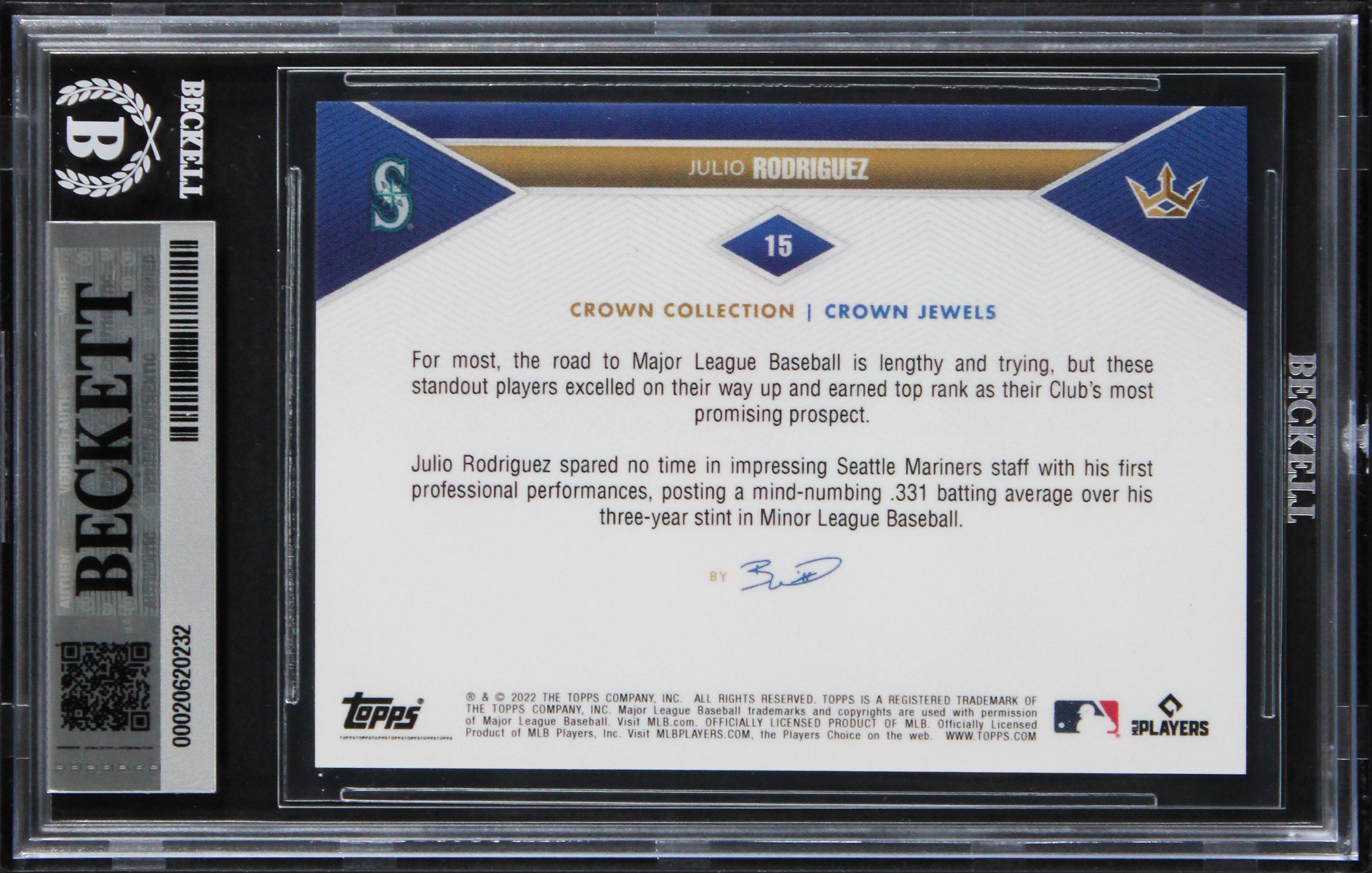 Mariners Julio Rodriguez Signed 2022 Topps CC #15 Card Auto 10! BAS Slabbed