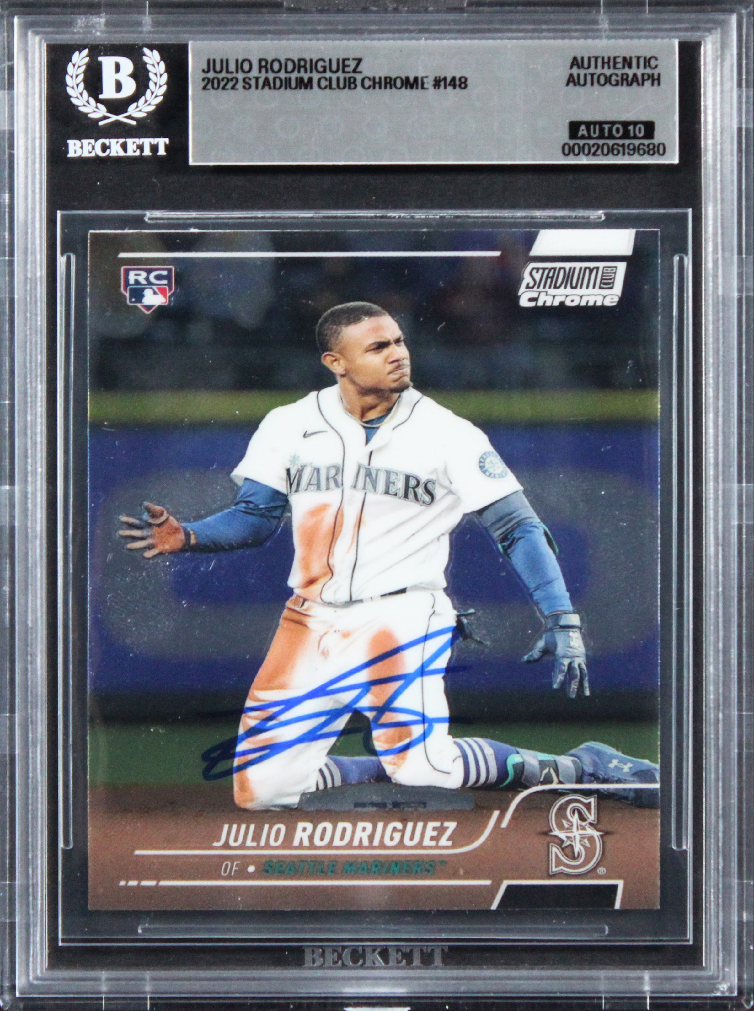 Mariners Julio Rodriguez Signed 2022 Stadium Club #148 RC Card Auto 10! BAS Slab