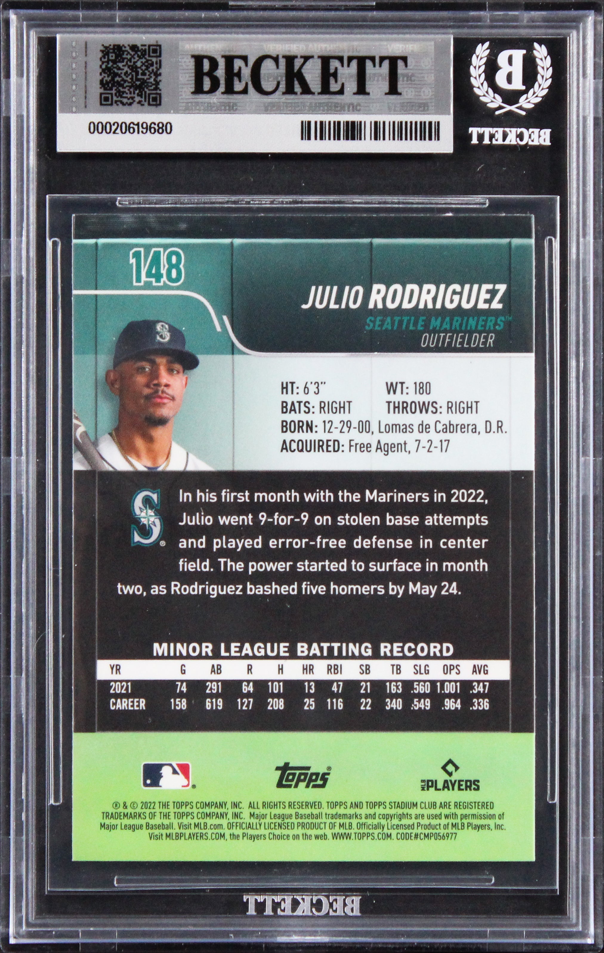 Mariners Julio Rodriguez Signed 2022 Stadium Club #148 RC Card Auto 10! BAS Slab