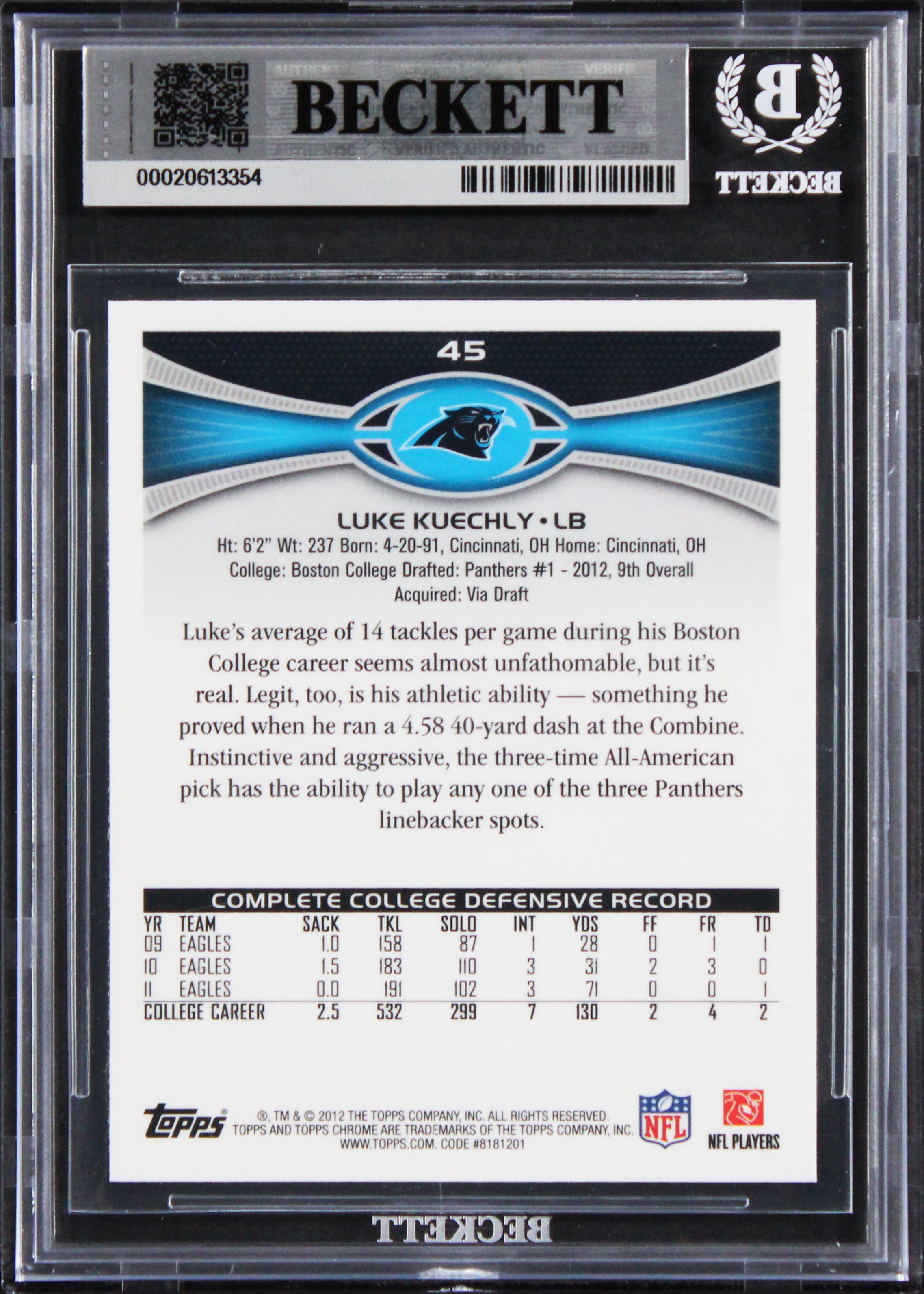 Panthers Luke Kuechly Signed 2012 Topps Chrome #45 RC Card Auto 10! BAS Slabbed