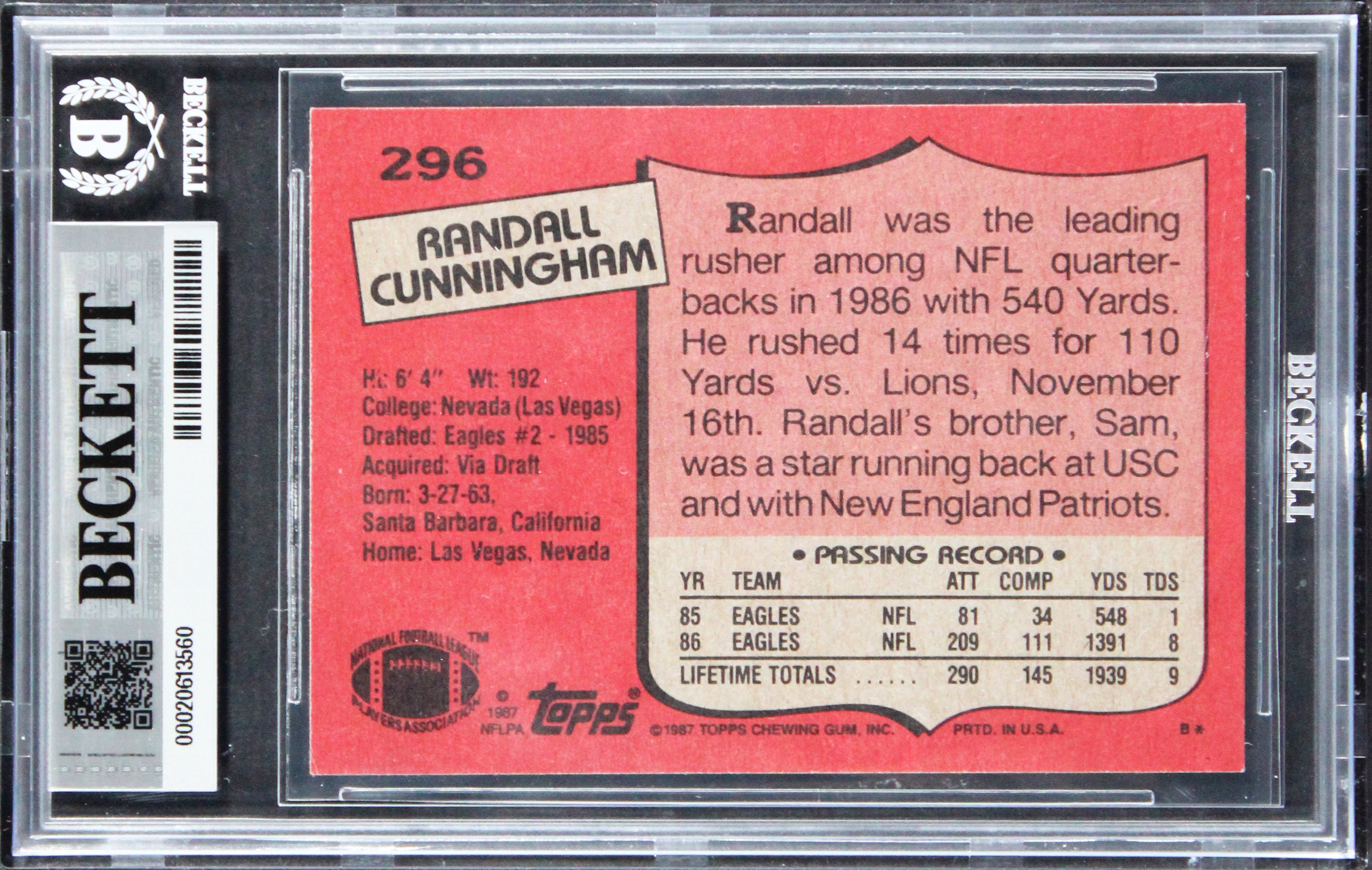 Eagles Randall Cunningham Signed 1987 Topps #296 Card Auto Grade 10! BAS Slabbed