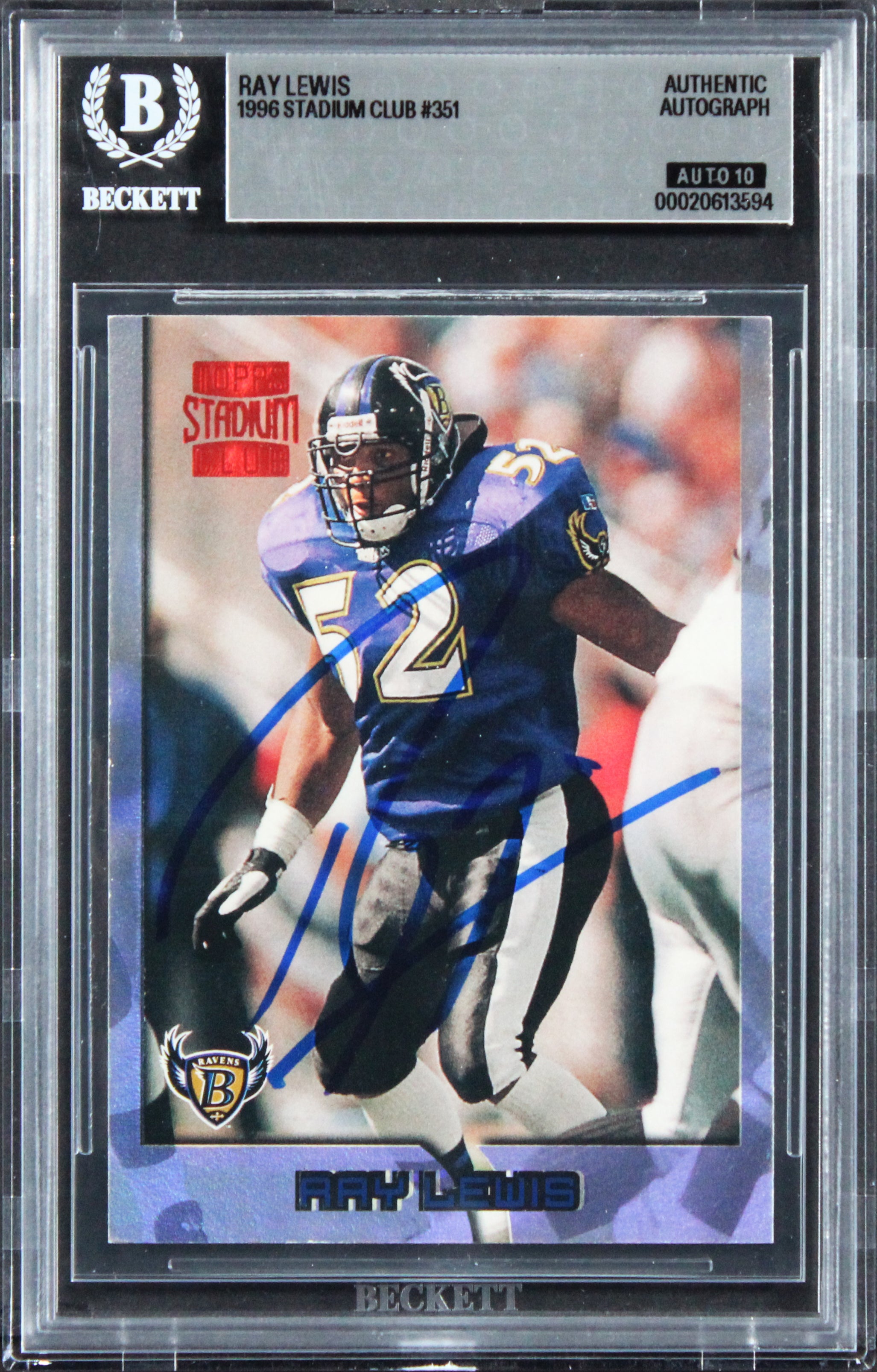 Ravens Ray Lewis Signed 1996 Stadium Club #351 Rookie Card Auto 10! BAS Slabbed