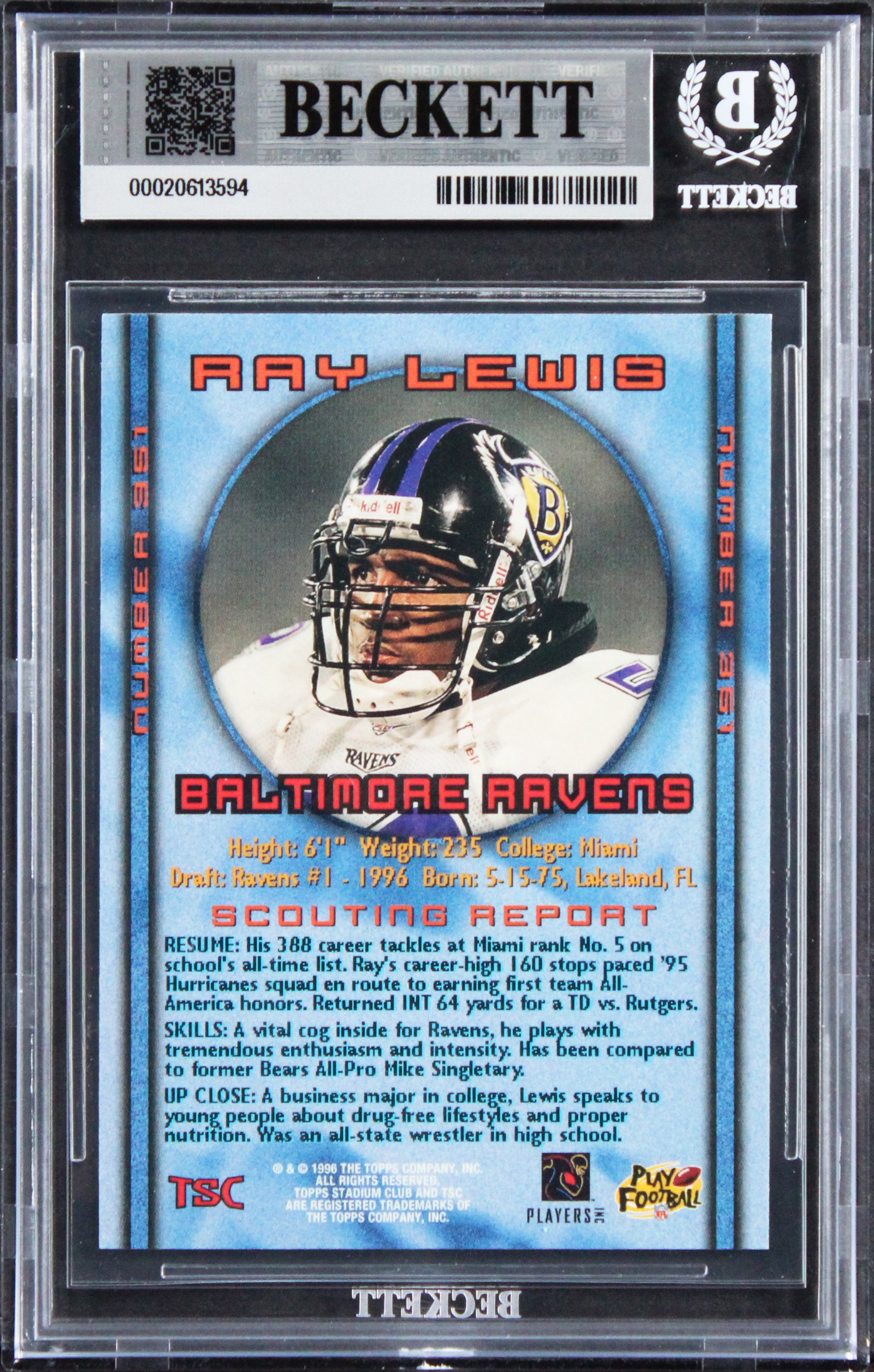 Ravens Ray Lewis Signed 1996 Stadium Club #351 Rookie Card Auto 10! BAS Slabbed