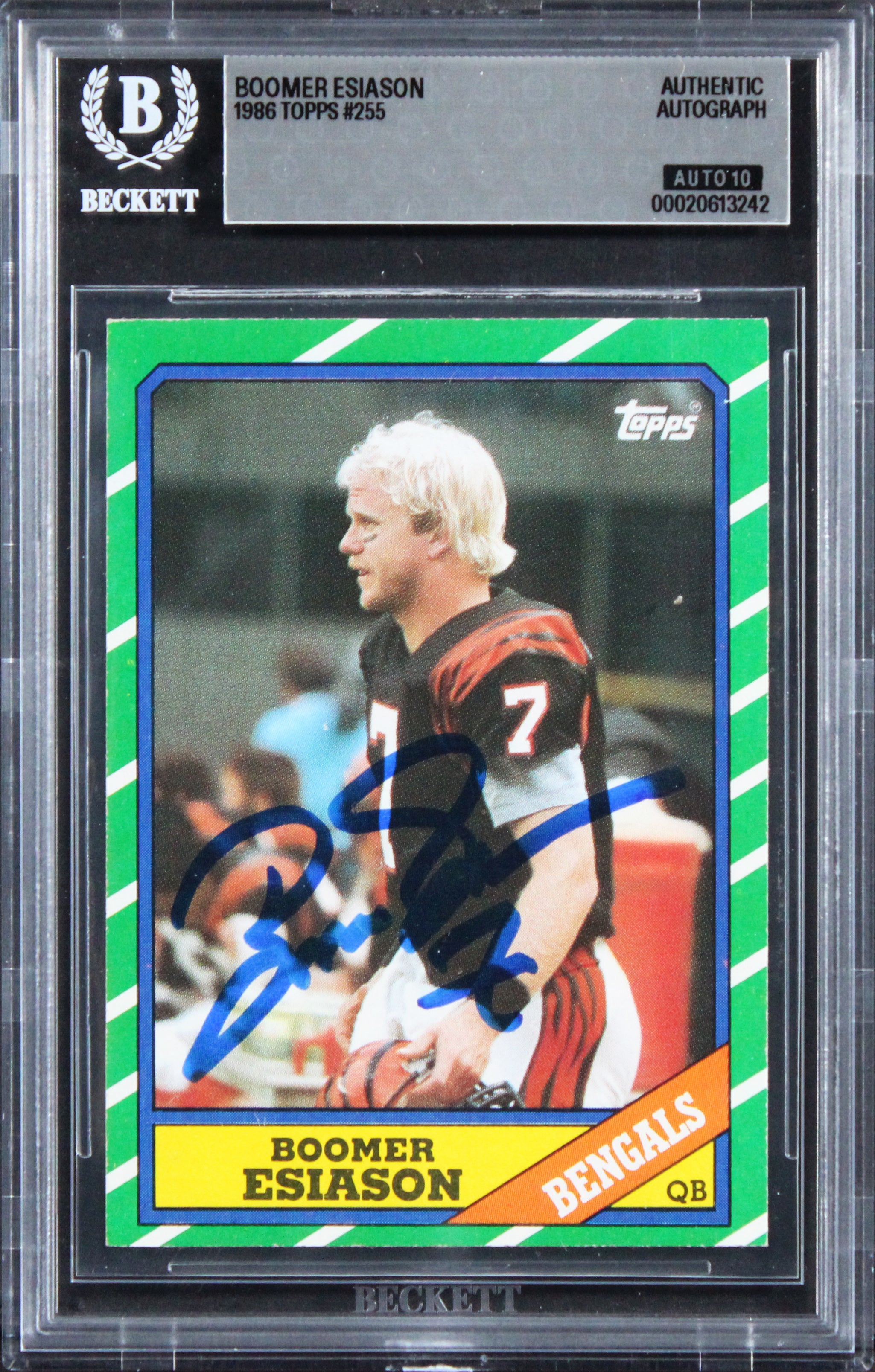 Bengals Boomer Esiason Signed 1986 Topps #255 Card Auto Grade GM 10! BAS Slabbed