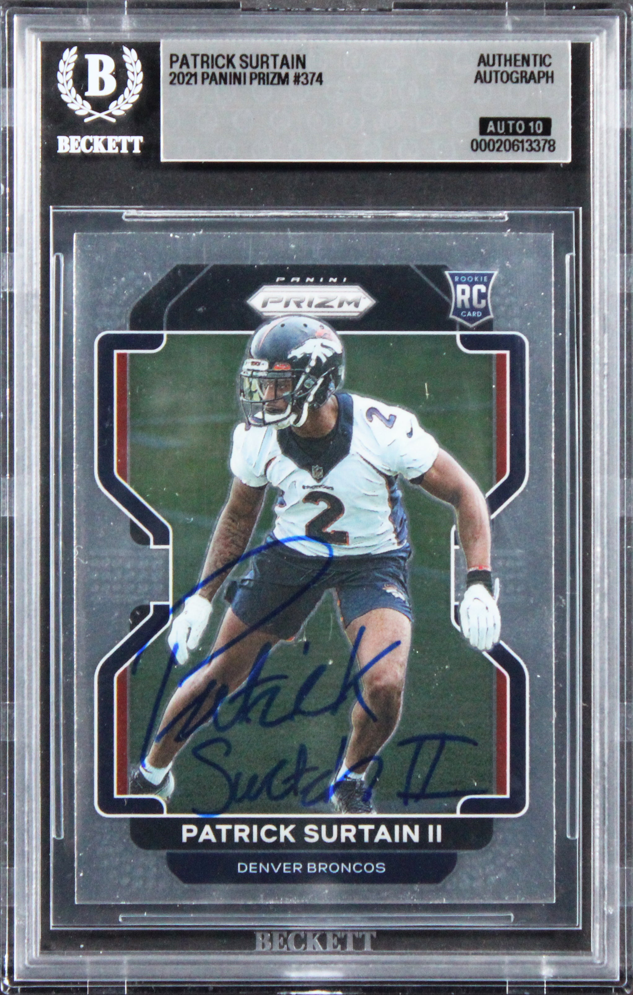 Broncos Patrick Surtain II Signed 2021 Panini #374 Rookie Card Auto 10! BAS Slab