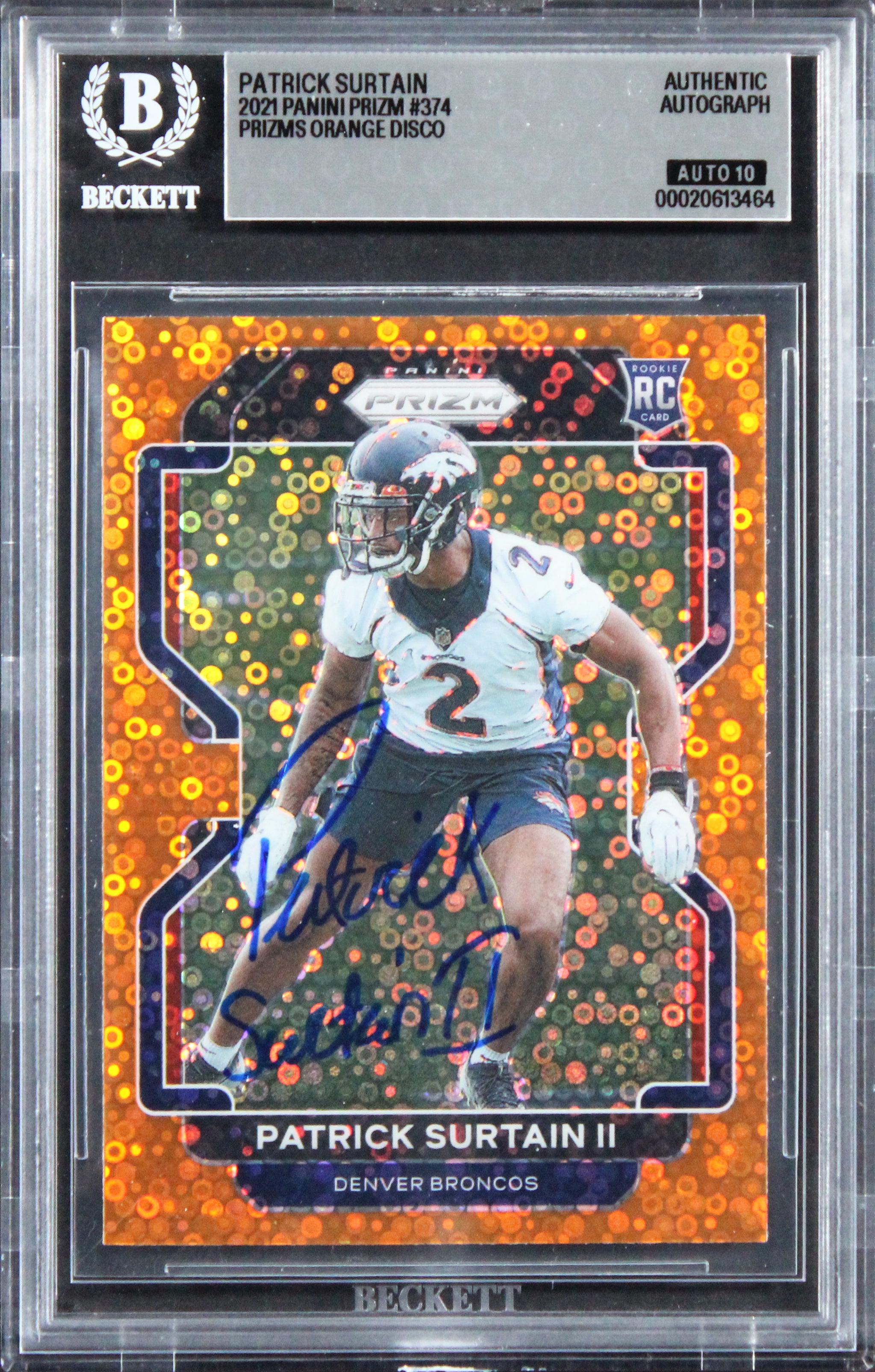 Broncos Patrick Surtain Signed 2021 Panini Orange #374 RC Card Auto 10! BAS Slab