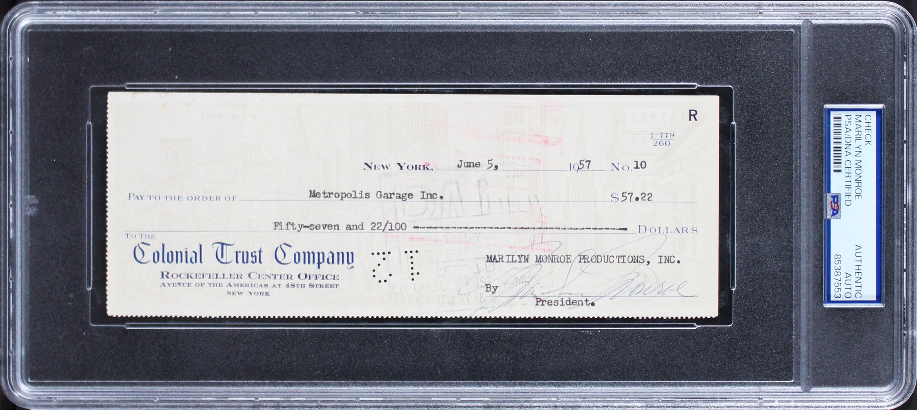 Marilyn Monroe Authentic Signed 3x8.25 1957 MMP Check Autographed PSA Slabbed
