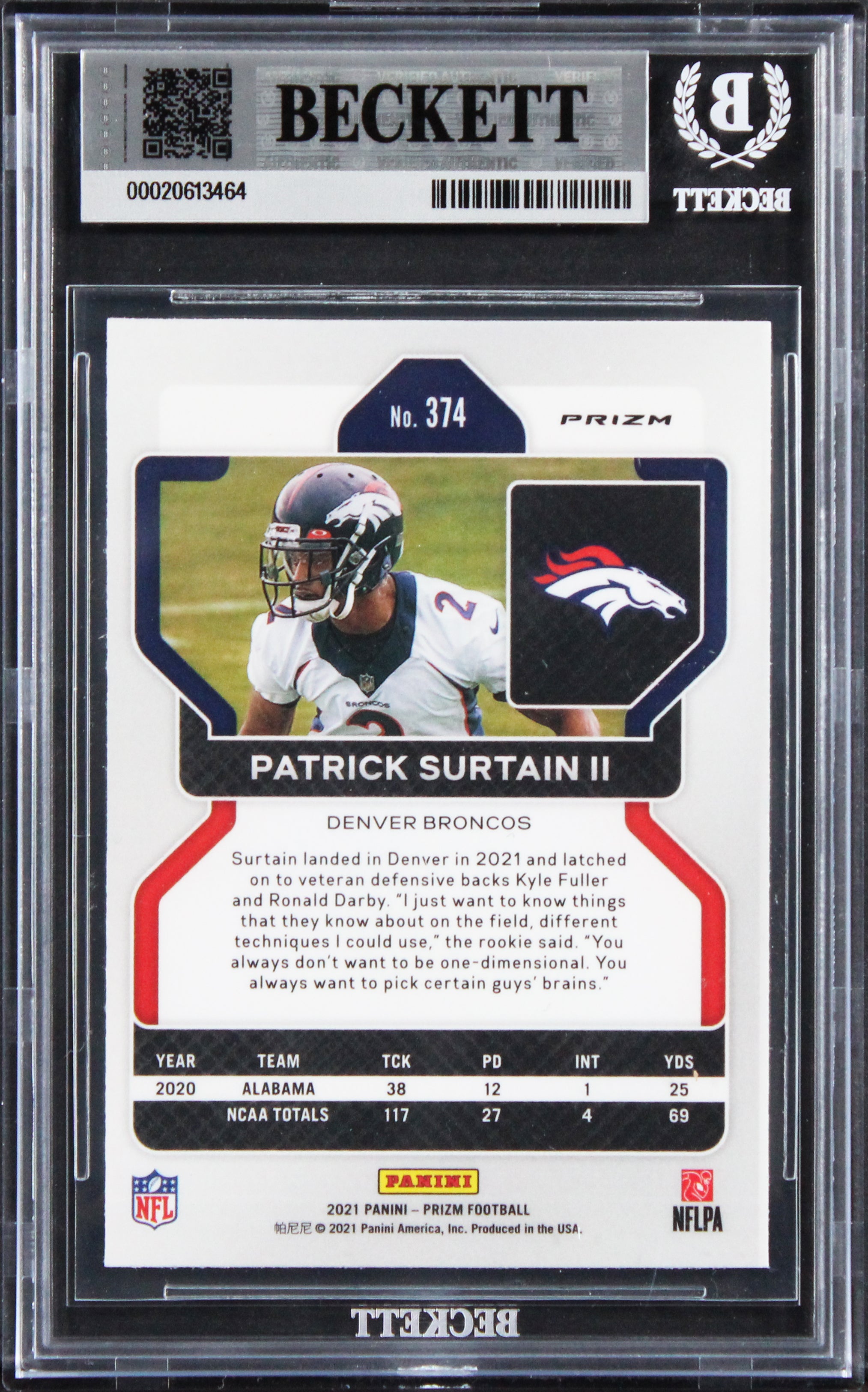 Broncos Patrick Surtain Signed 2021 Panini Orange #374 RC Card Auto 10! BAS Slab