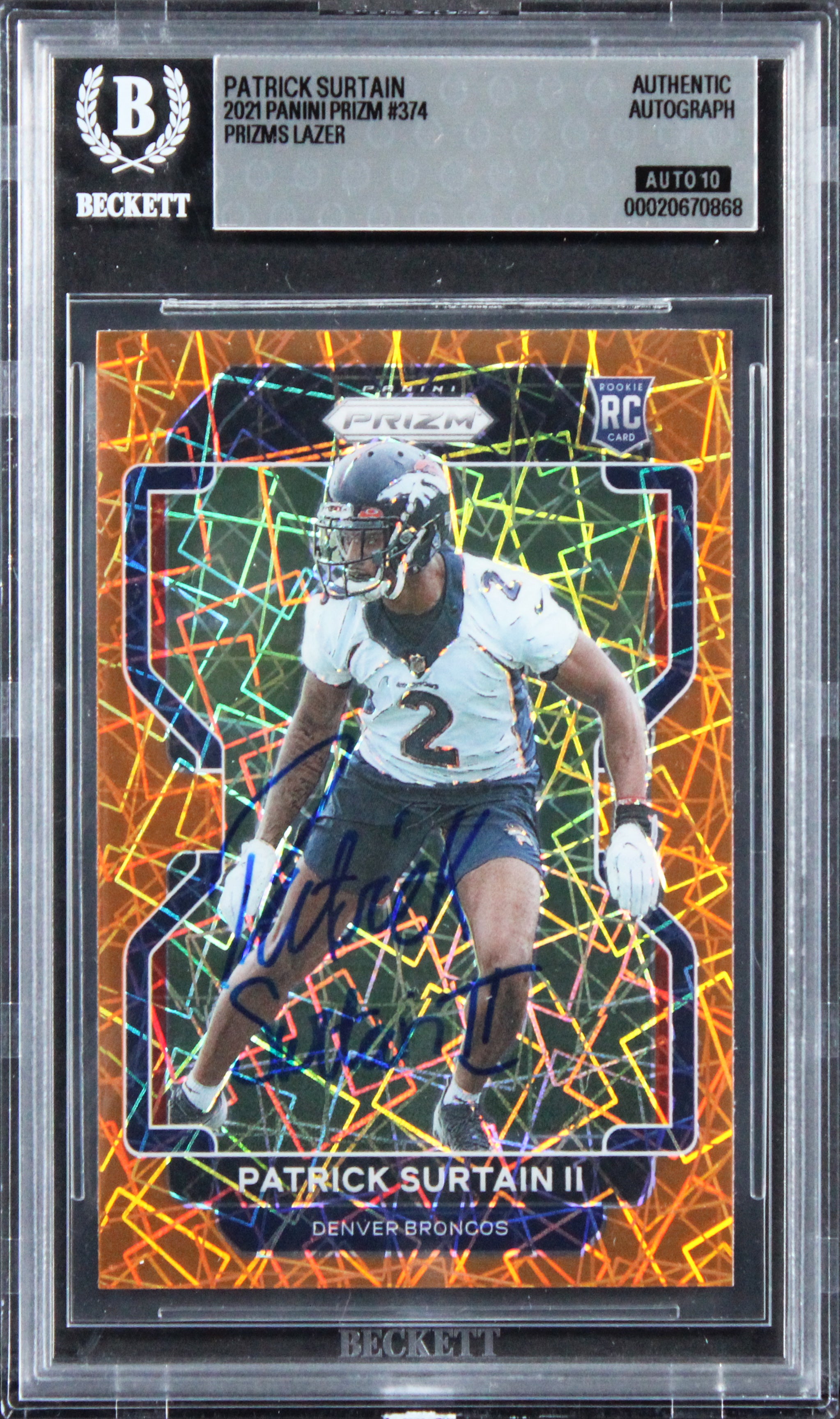 Broncos Patrick Surtain Signed 2021 Panini Lazer #374 RC Card Auto 10! BAS Slab