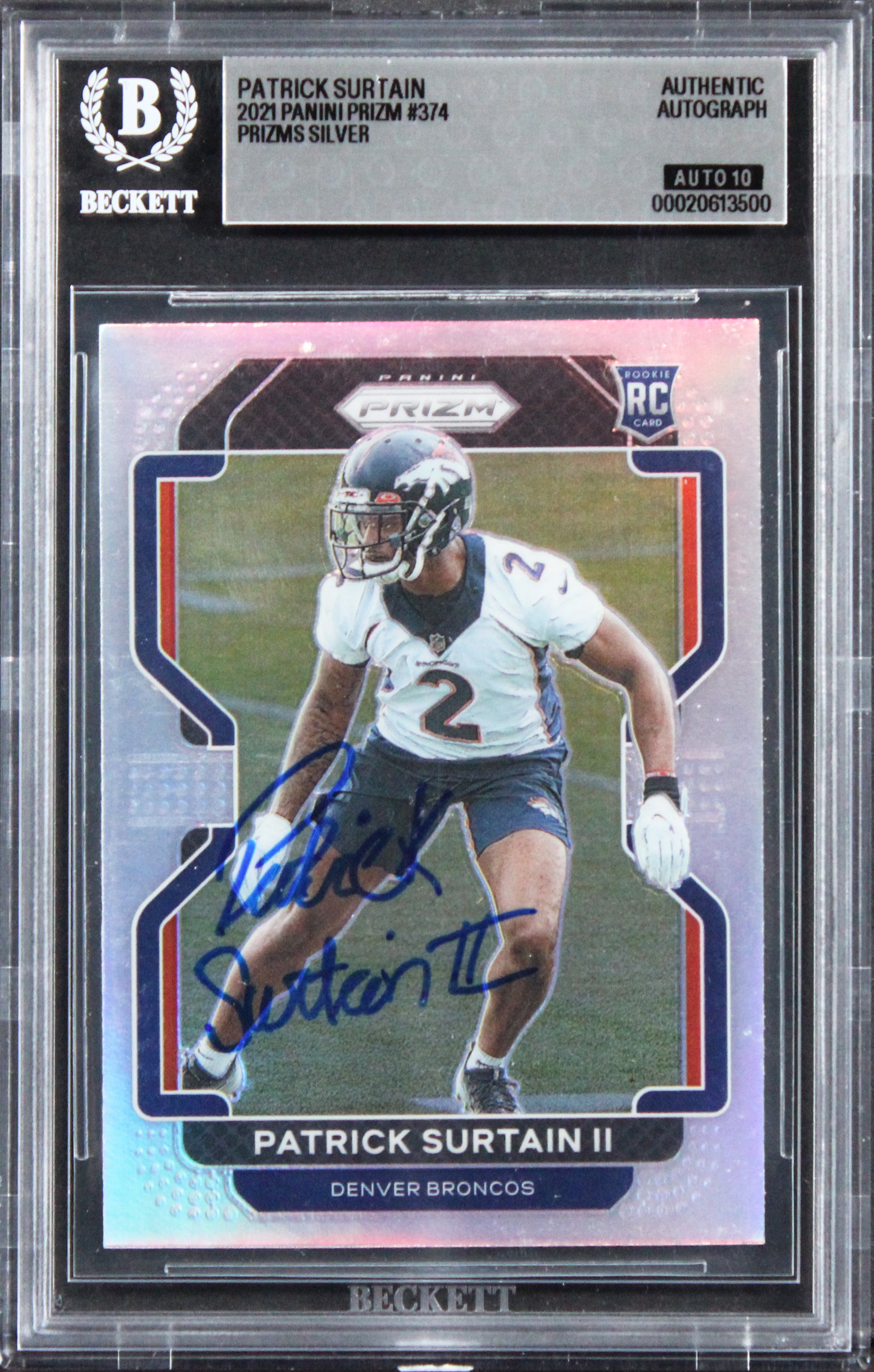 Broncos Patrick Surtain Signed 2021 Panini Silver #374 RC Card Auto 10! BAS Slab
