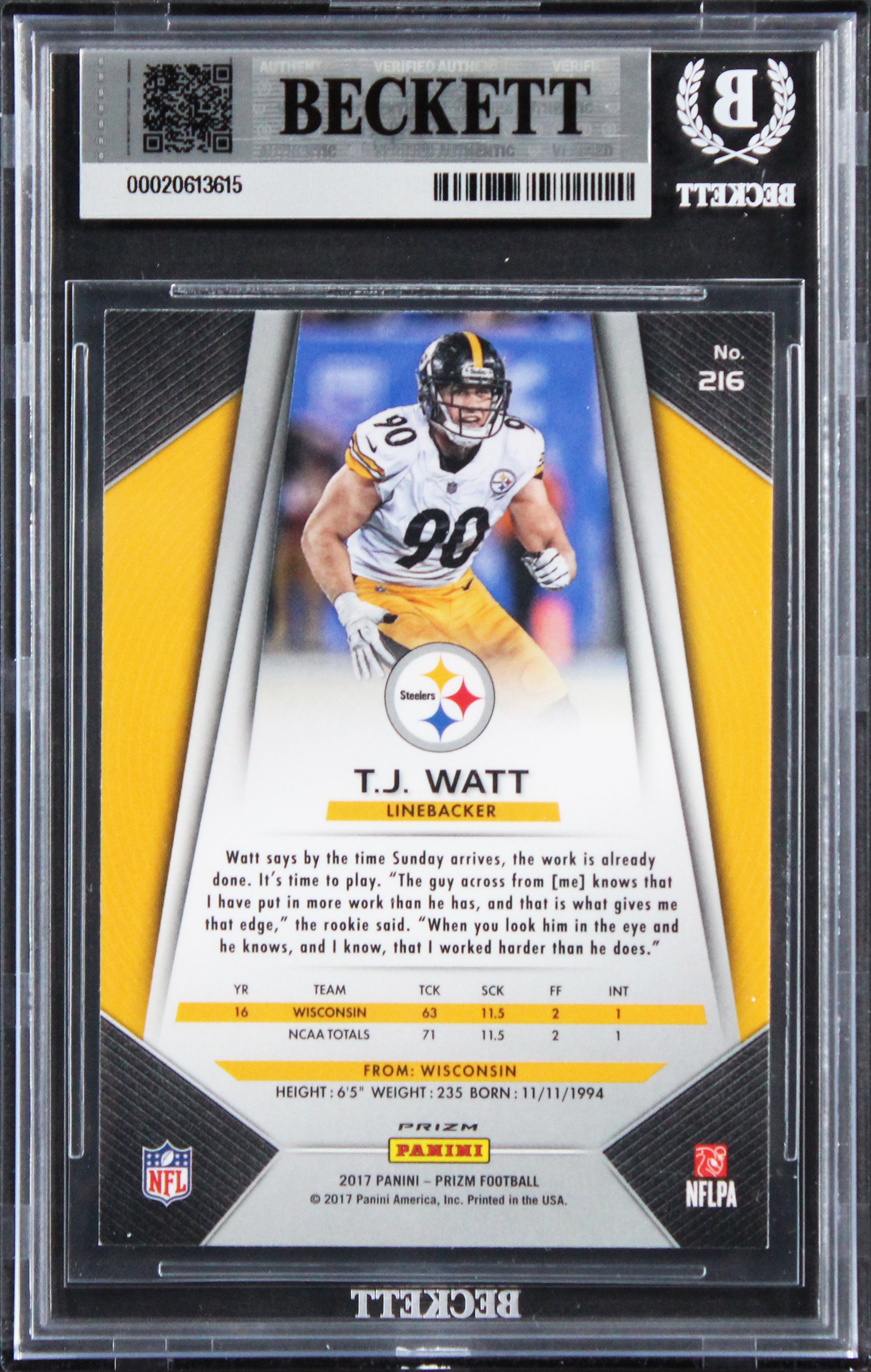 Steelers T.J. Watt Signed 2017 Panini Prizm #216 RC Card Auto 10! BAS Slabbed 2