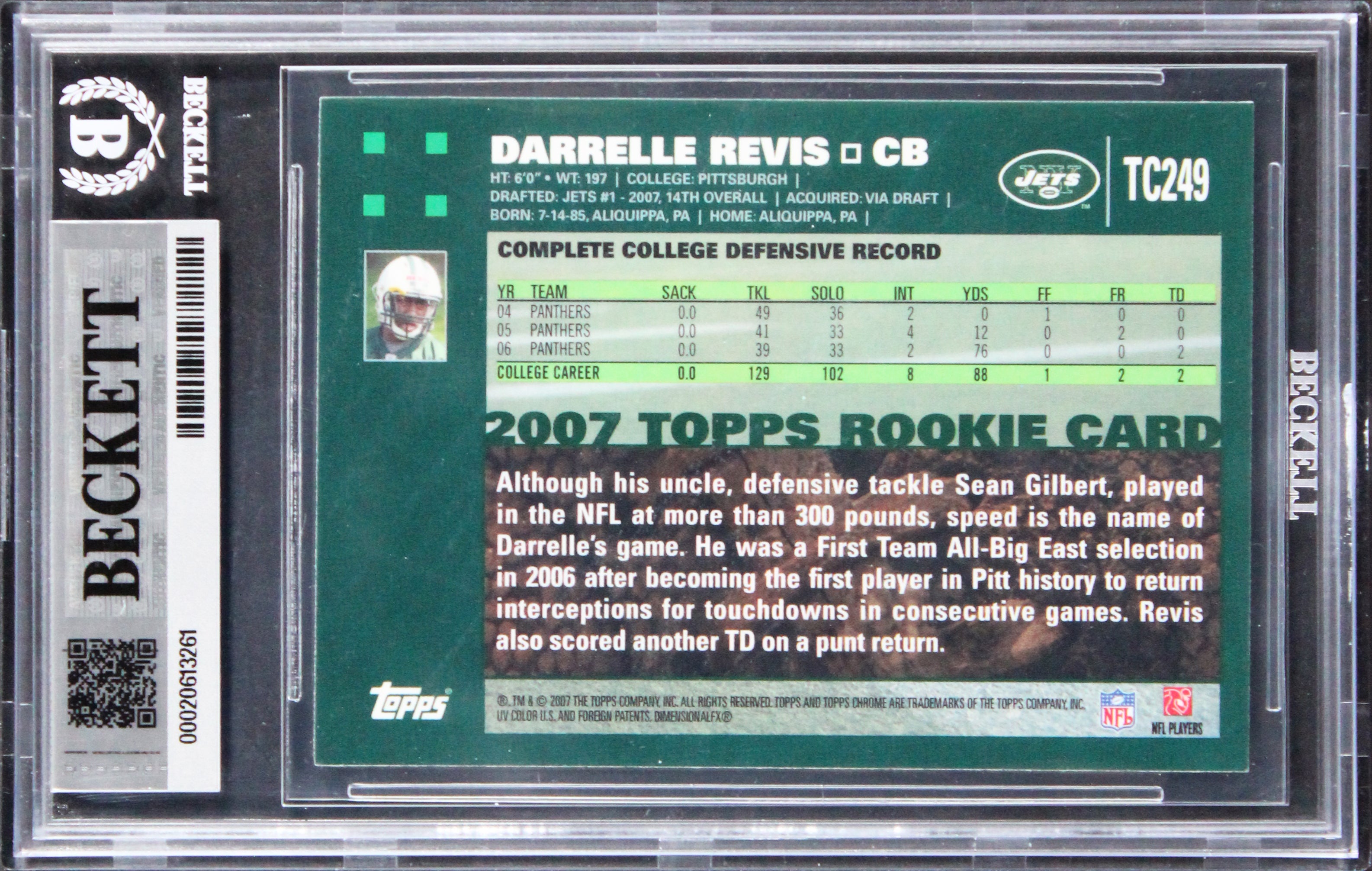 Jets Darrelle Revis Signed 2007 Topps Chrome #TC249 RC Card Auto 10! BAS Slabbed