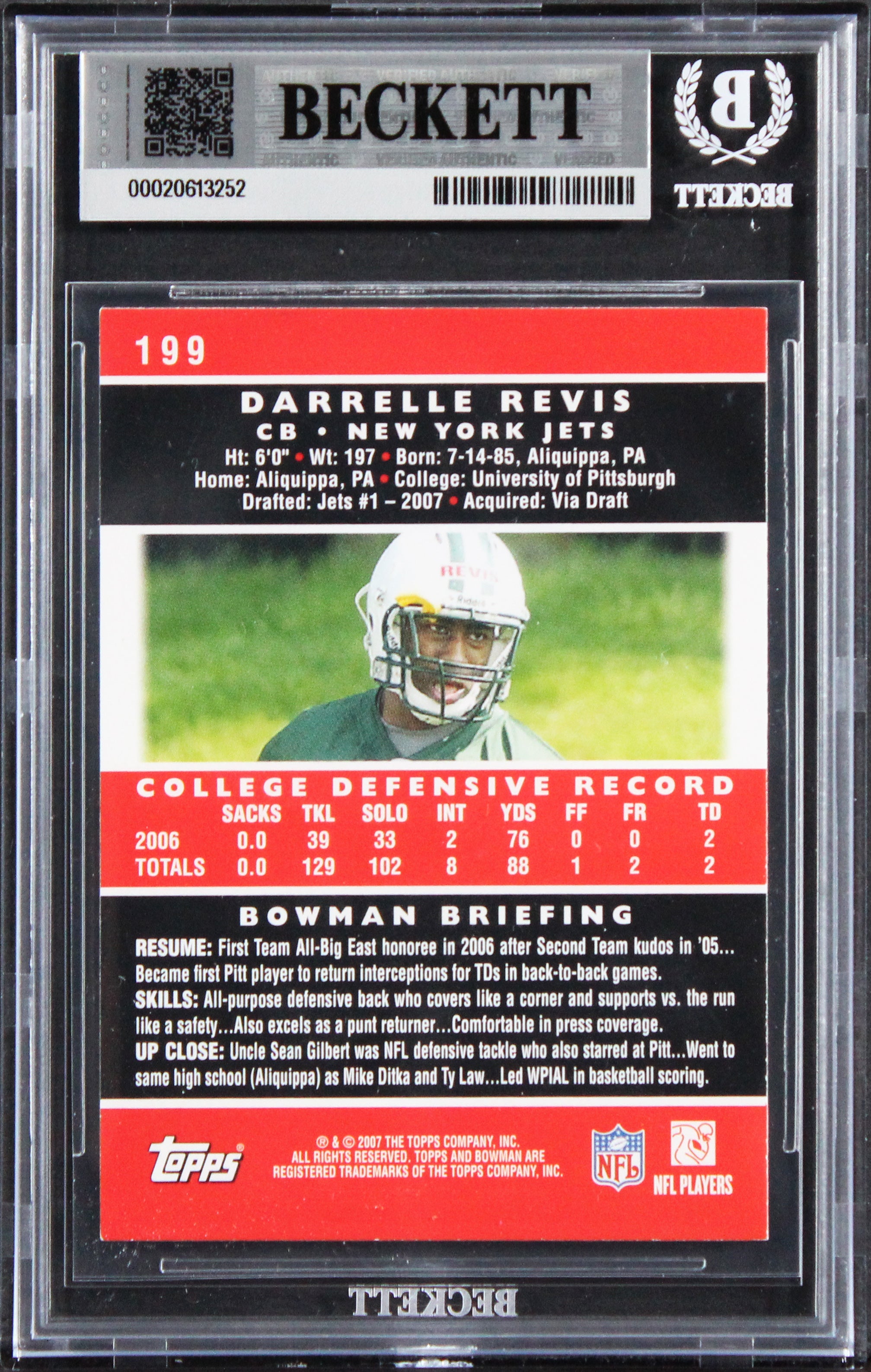 Jets Darrelle Revis Signed 2007 Bowman #199 Rookie Card Auto GM 10! BAS Slabbed