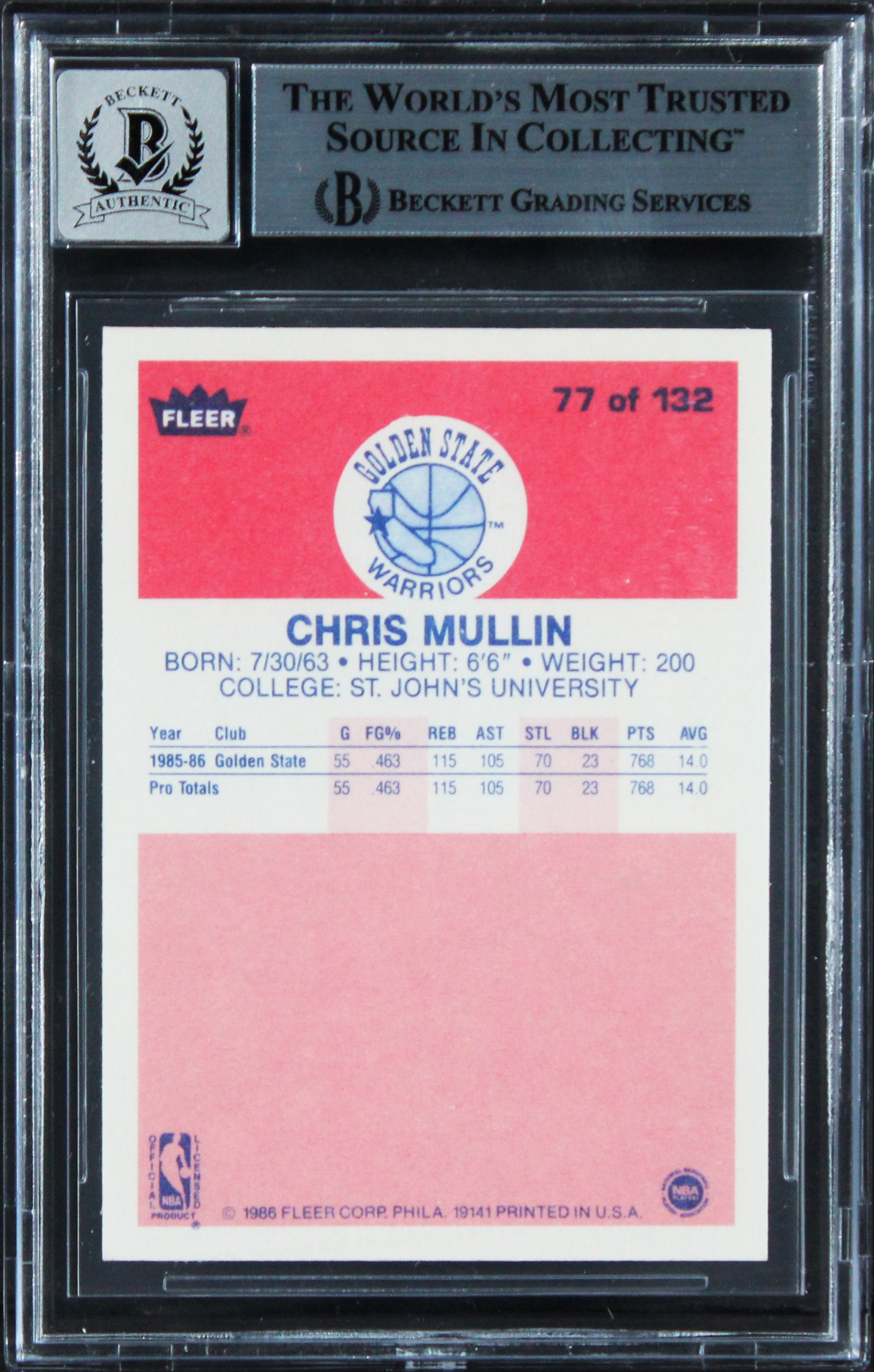 Warriors Chris Mullin Signed 1986 Fleer #77 Rookie Card Auto 10! BAS Slabbed