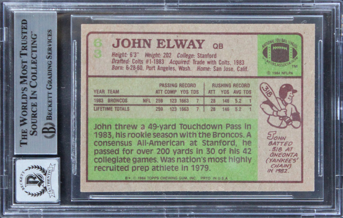 Broncos John Elway Signed 1984 Topps #63 Rookie Card Auto 10! BAS Slabbed 2