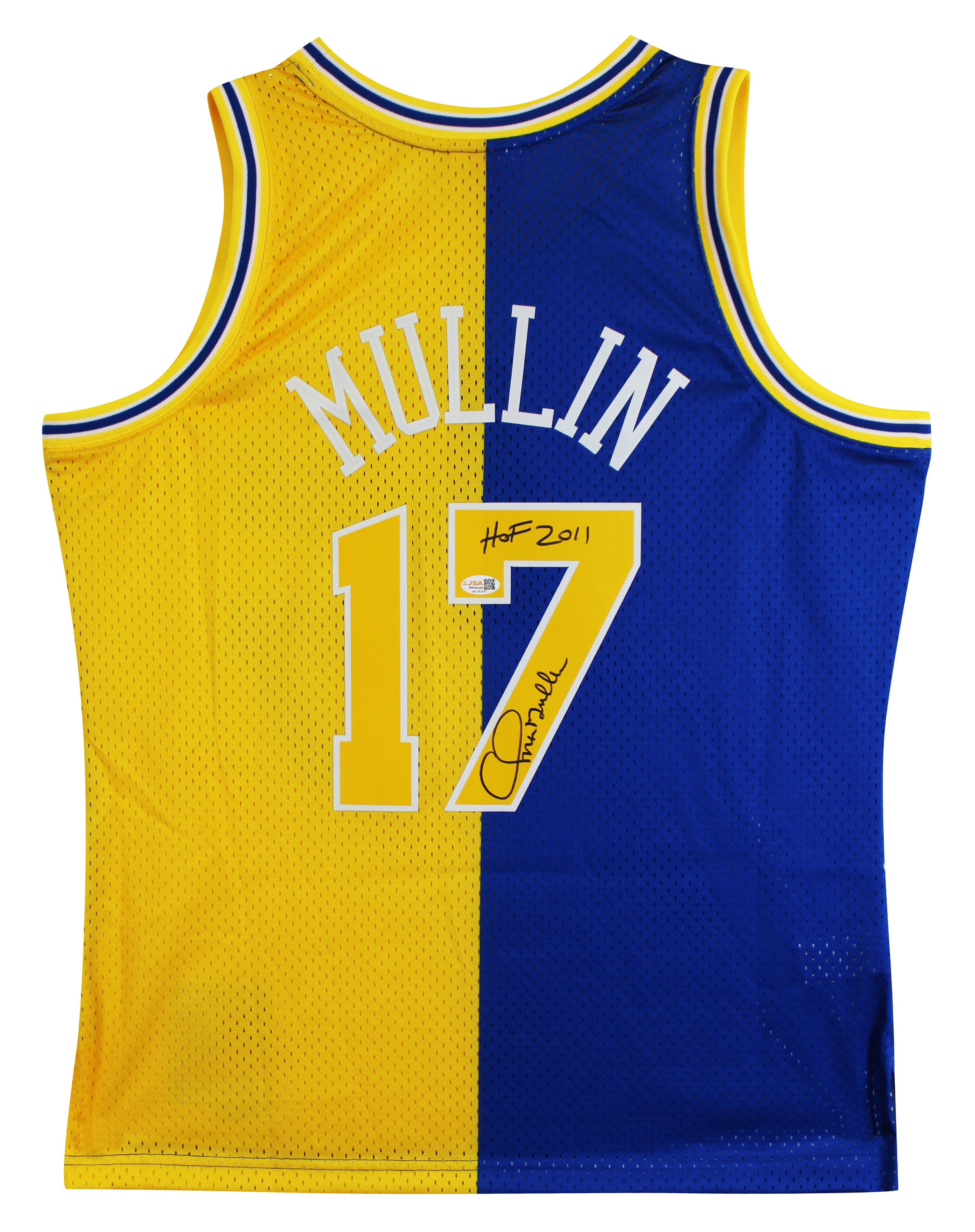 Warriors Chris Mullin "HOF" Signed Blue & Yellow M&N TB HWC Swingman Jersey JSA