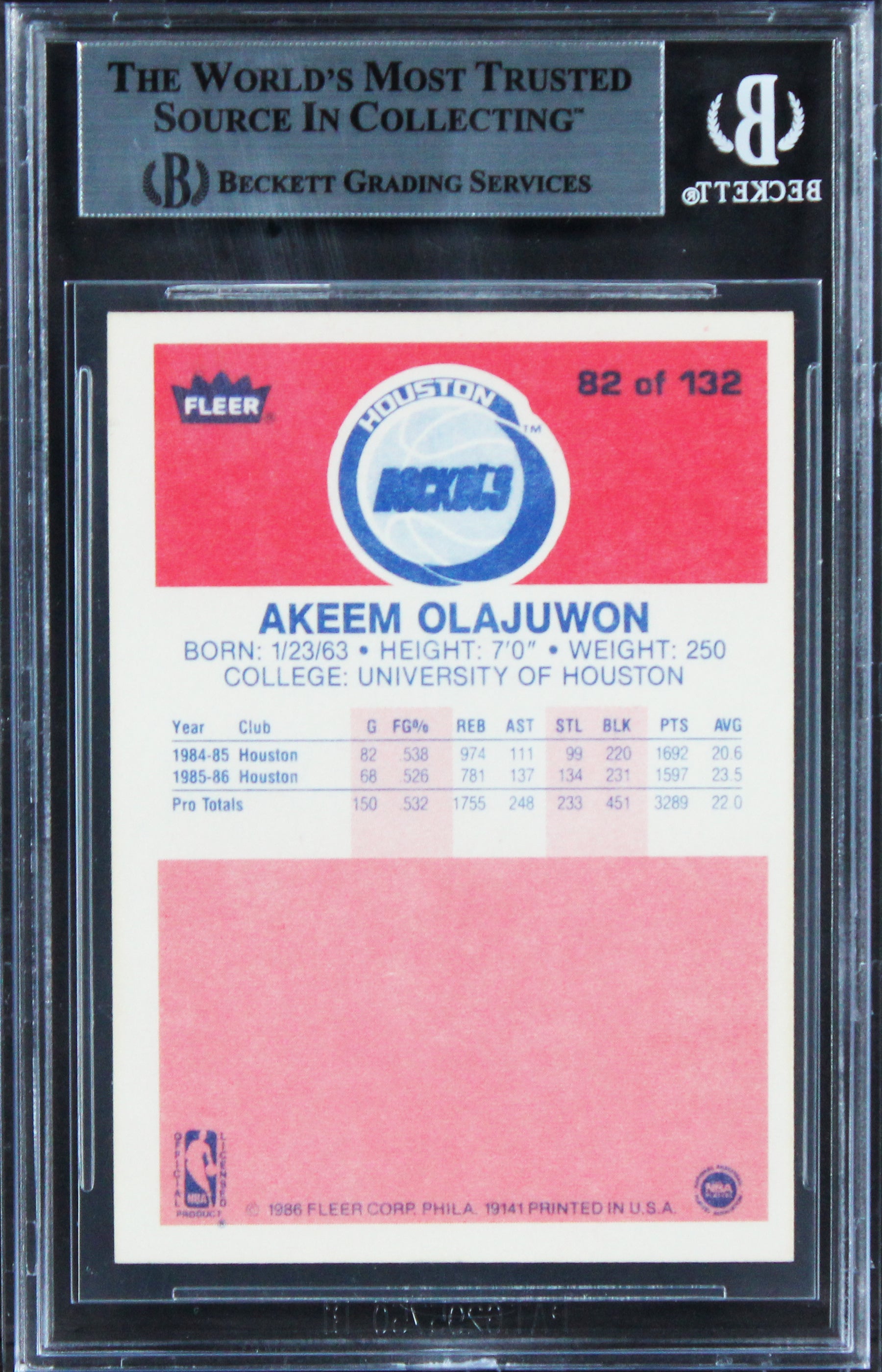 Rockets Hakeem Olajuwon Authentic Signed 1986 Fleer #82 Rookie Card BAS Slabbed