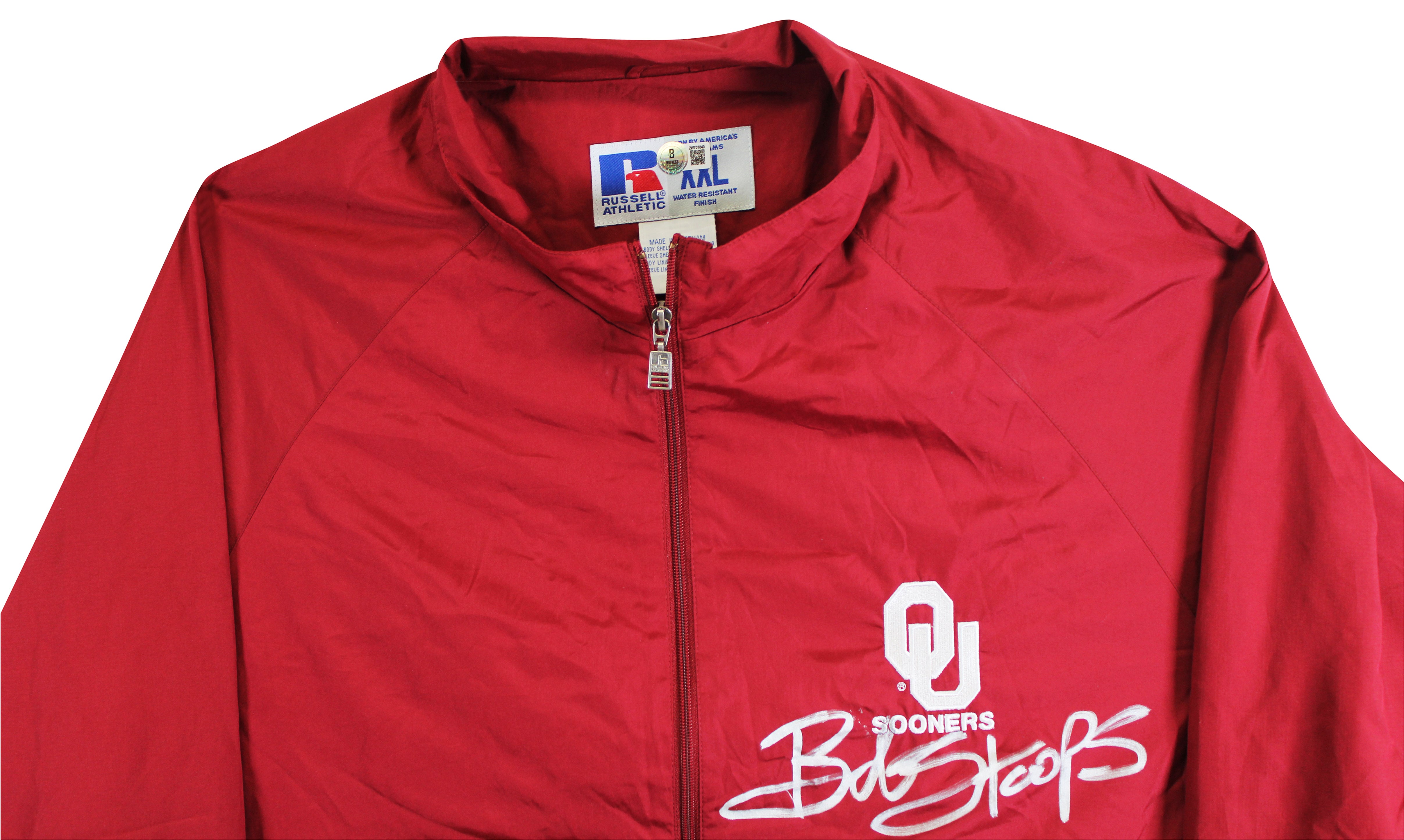 Oklahoma Bob Stoops Signed Maroon Russell Windbreaker BAS Witnessed #2W701840