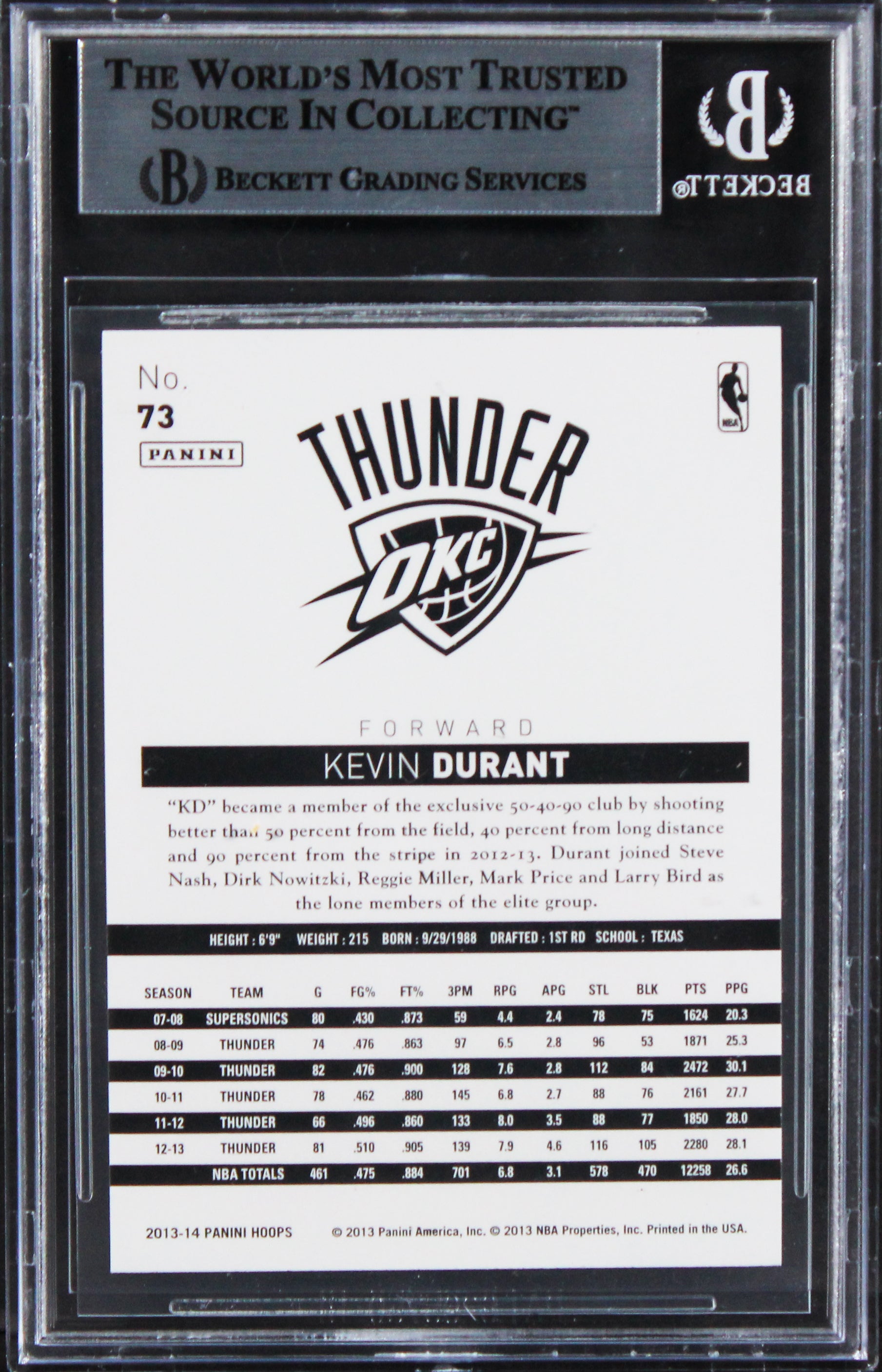 Thunder Kevin Durant Authentic Signed 2013 Hoops #73 Card BAS Slabbed