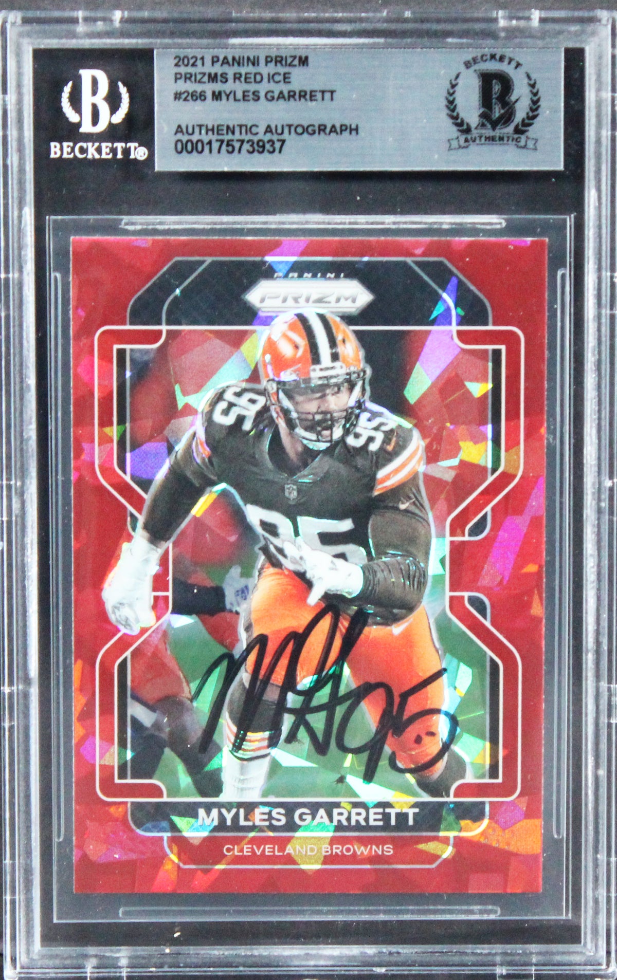 Browns Myles Garrett Signed 2021 Panini Prizms Red Ice #266 Card BAS Slabbed