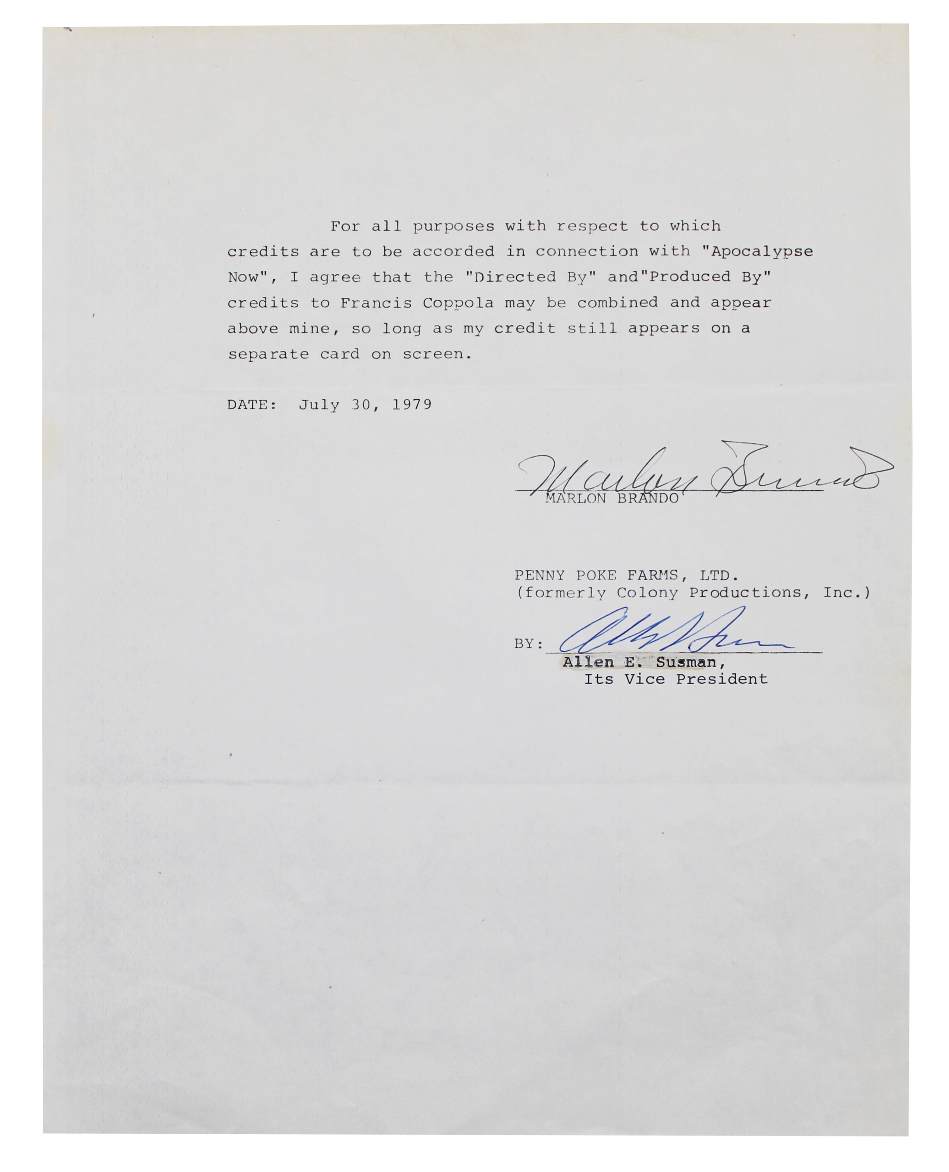Marlon Brando Authentic Signed 8.5x11 Apocalypse Now Contract BAS #AE13906