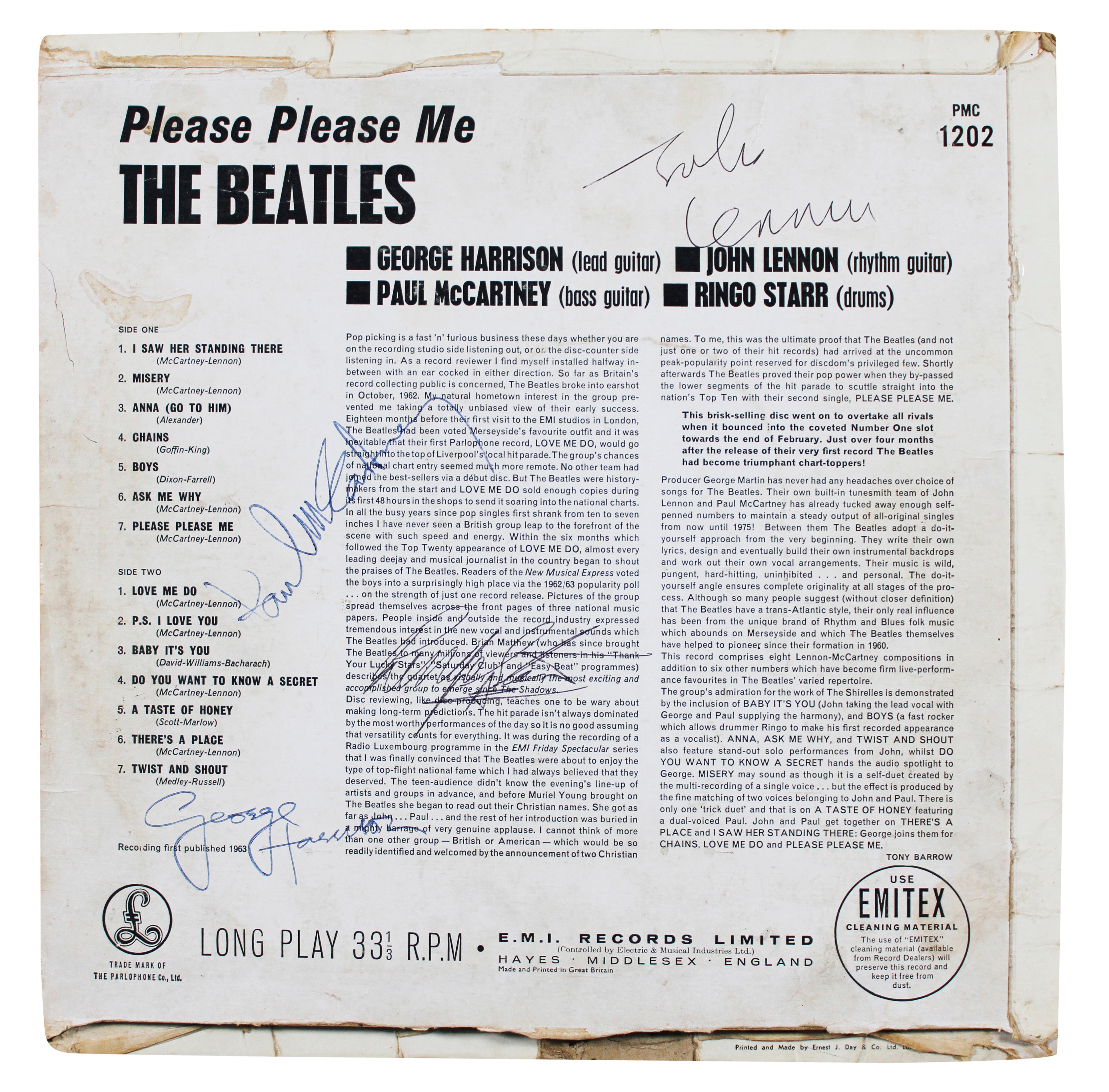 Beatles 4 Lennon, McCartney, Harrison & Starr Signed Parlaphone Album Cover BAS