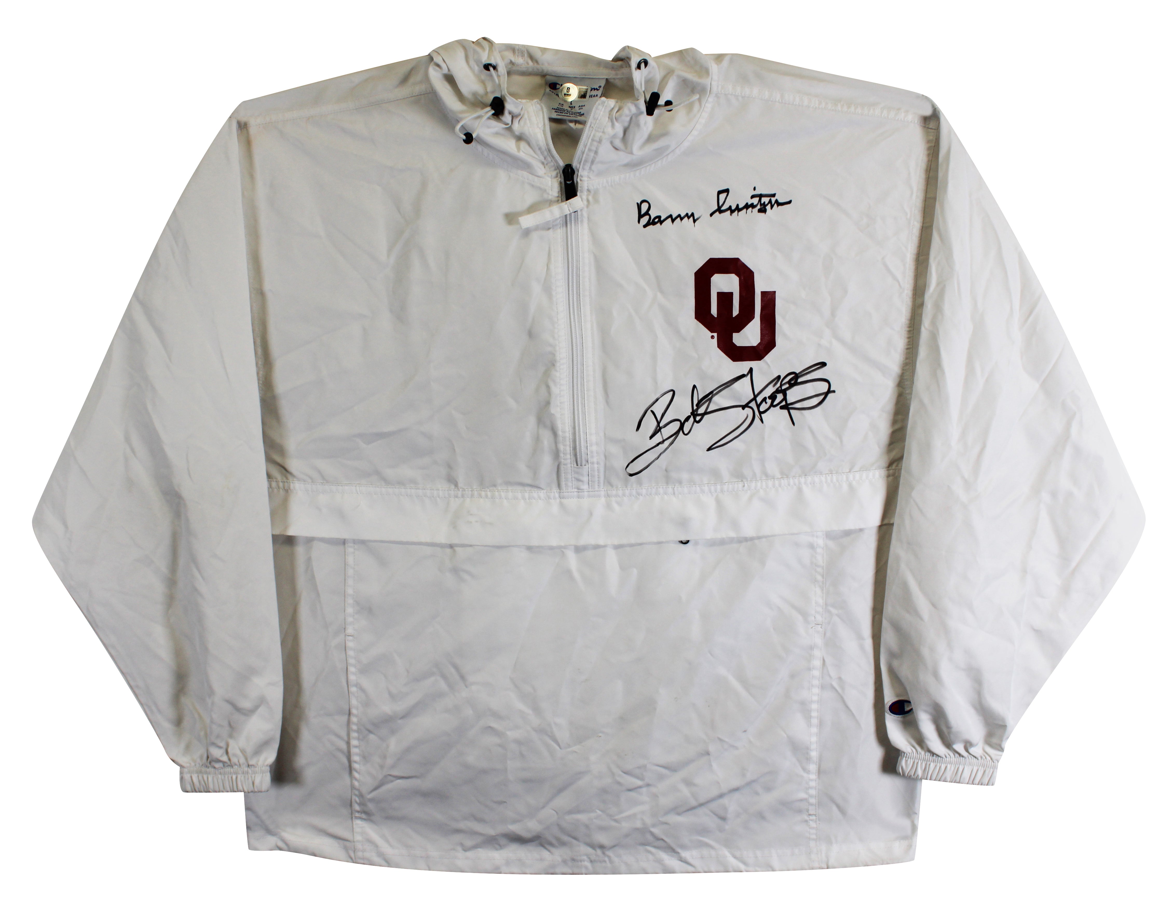OU Barry Switzer & Bob Stoops Signed White Windbreaker Jacket BAS Wit #2W701842
