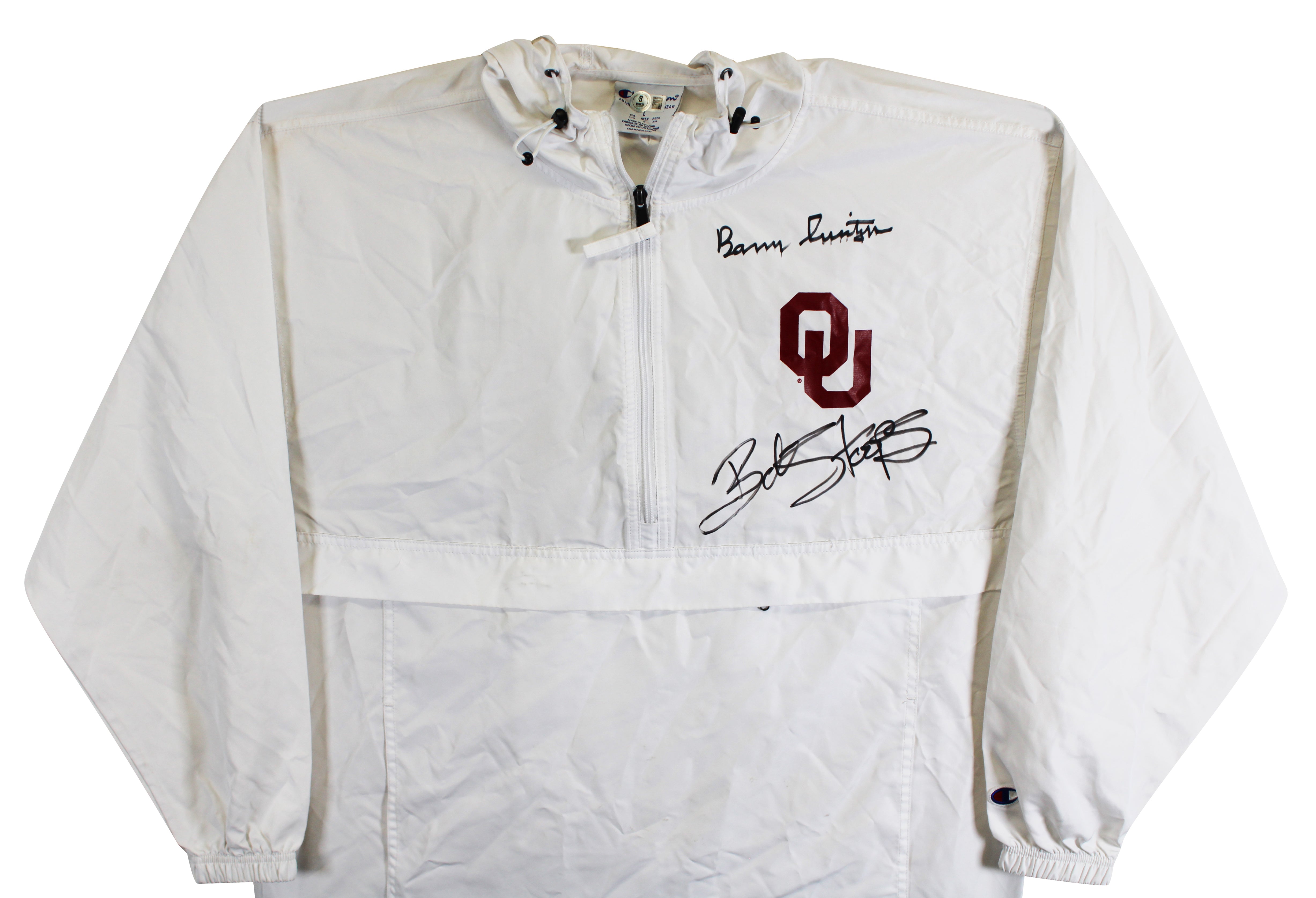 OU Barry Switzer & Bob Stoops Signed White Windbreaker Jacket BAS Wit #2W701842