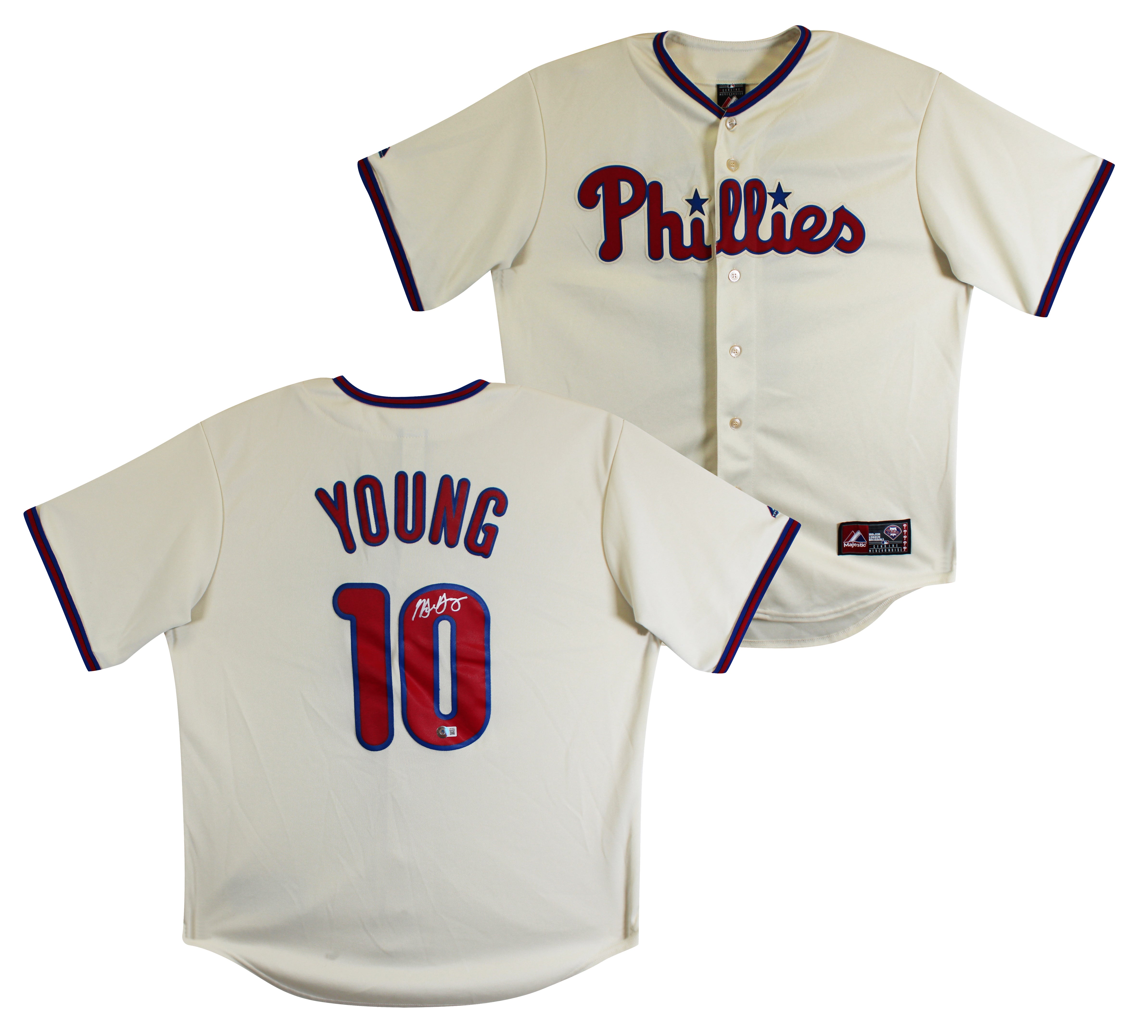 Phillies Michael Young Signed Cream Majestic Jersey BAS Witnessed #1W036636