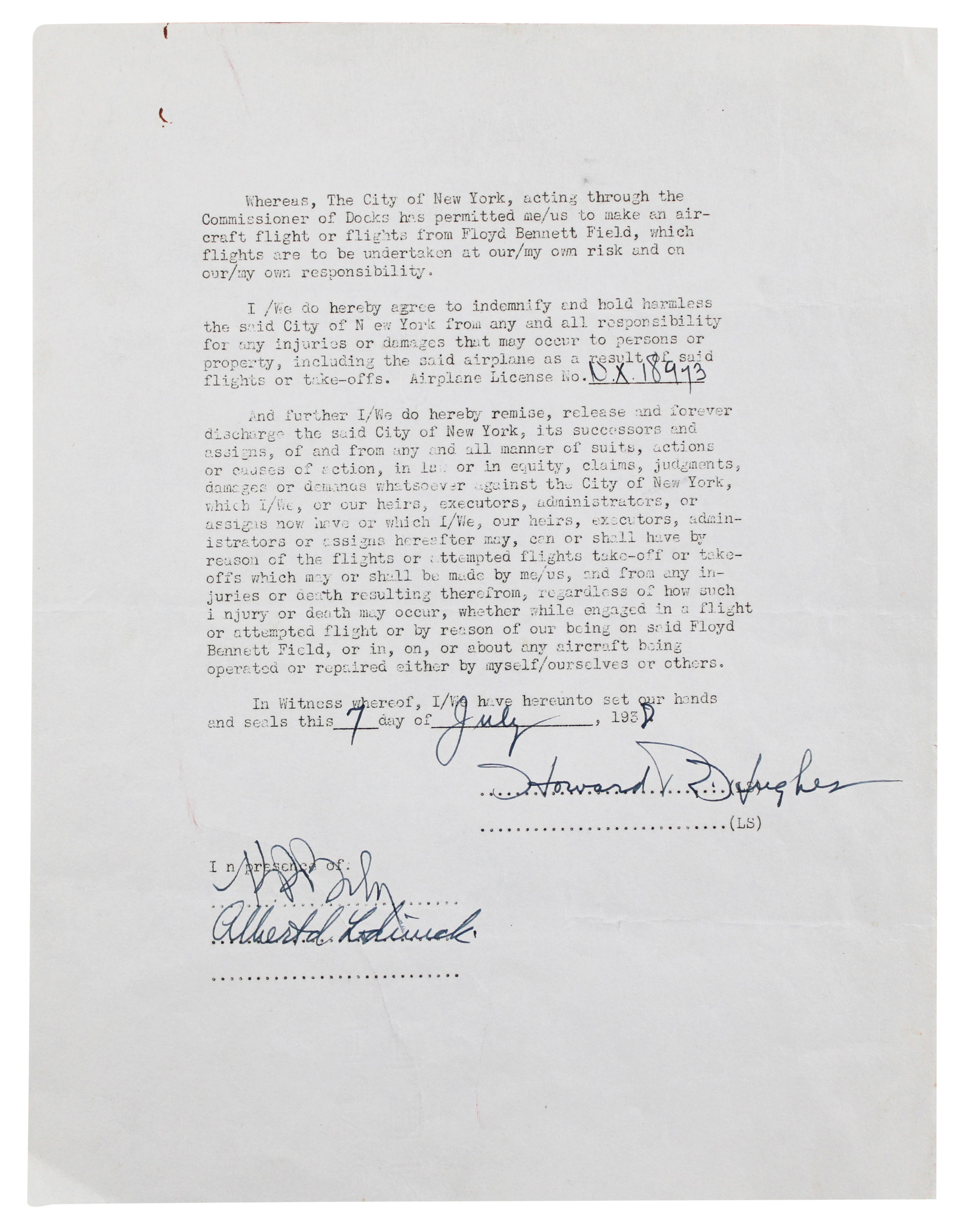 Howard Hughes Signed 8.5x11 NYC Liability Waiver Contract BAS #AE13954