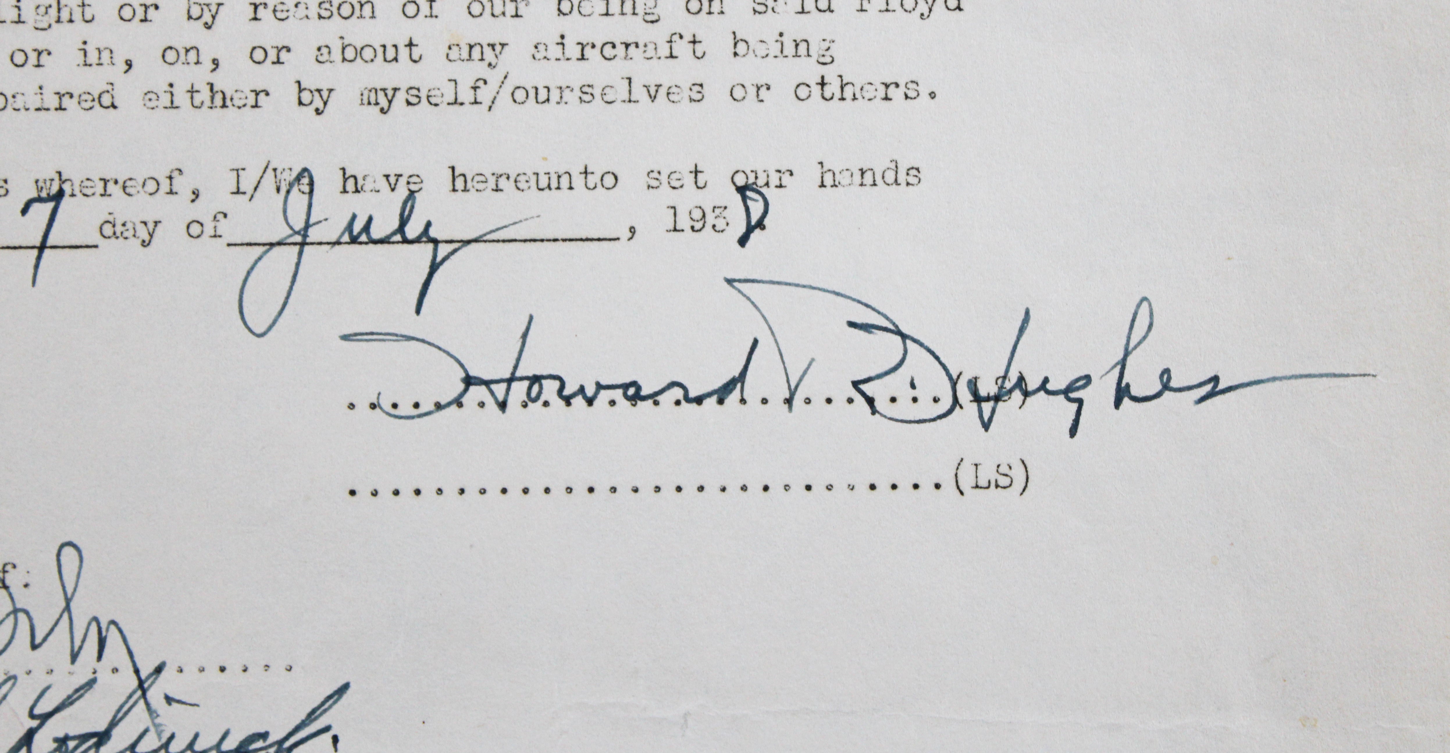 Howard Hughes Signed 8.5x11 NYC Liability Waiver Contract BAS #AE13954