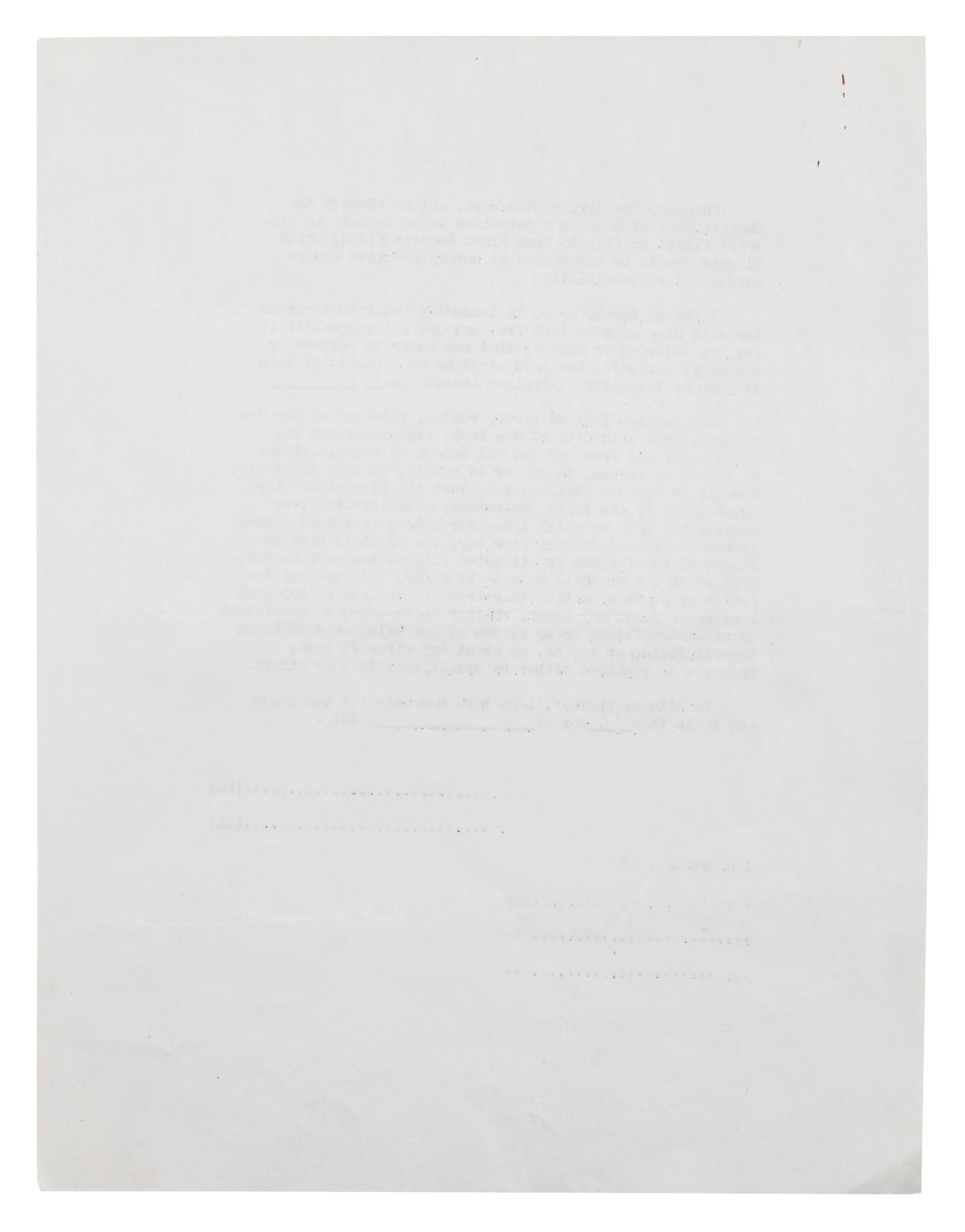 Howard Hughes Signed 8.5x11 NYC Liability Waiver Contract BAS #AE13954