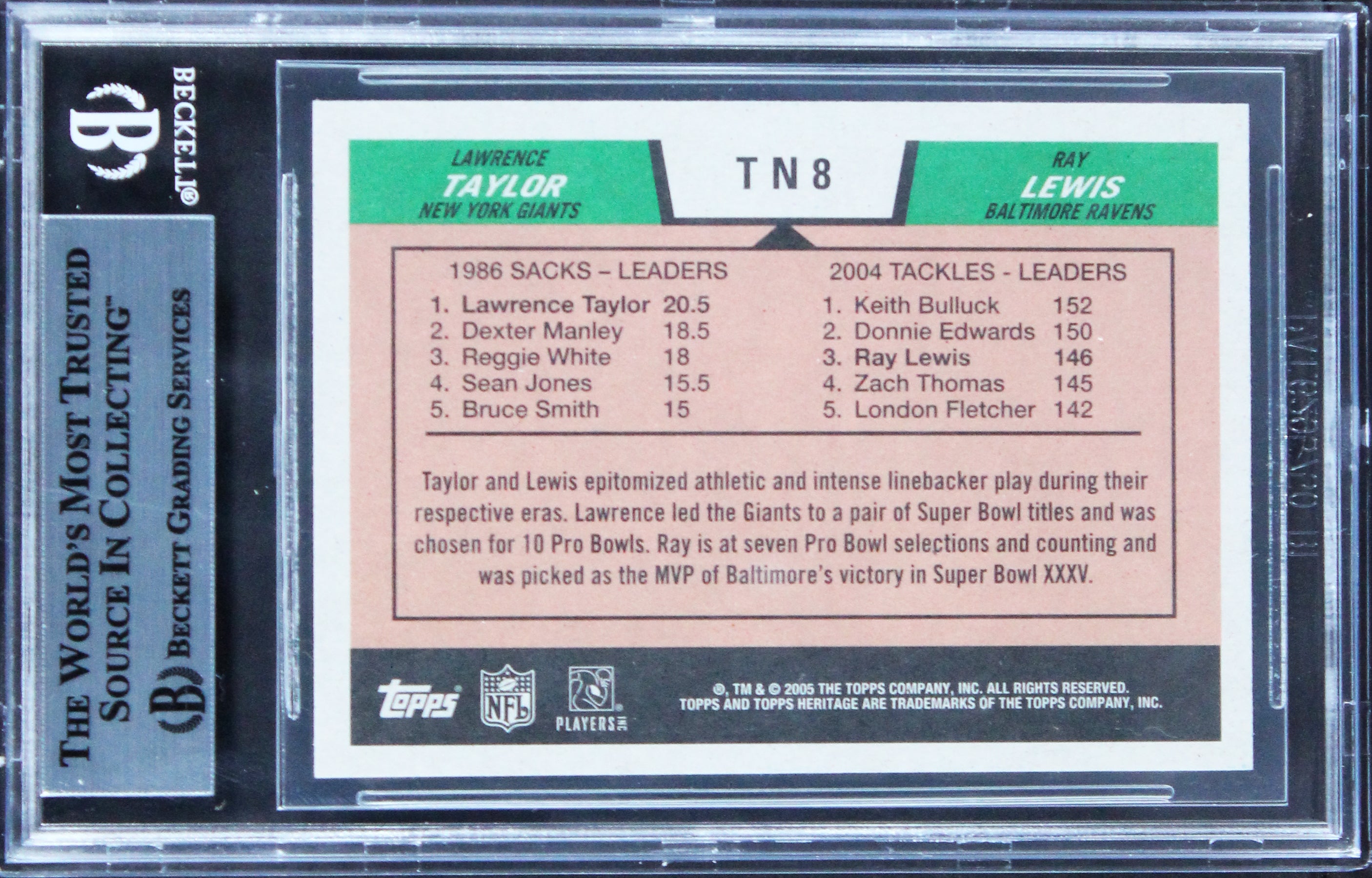 Lawrence Taylor & Ray Lewis Signed 2005 Topps Heritage T&N #TN8 Card BAS Slabbed