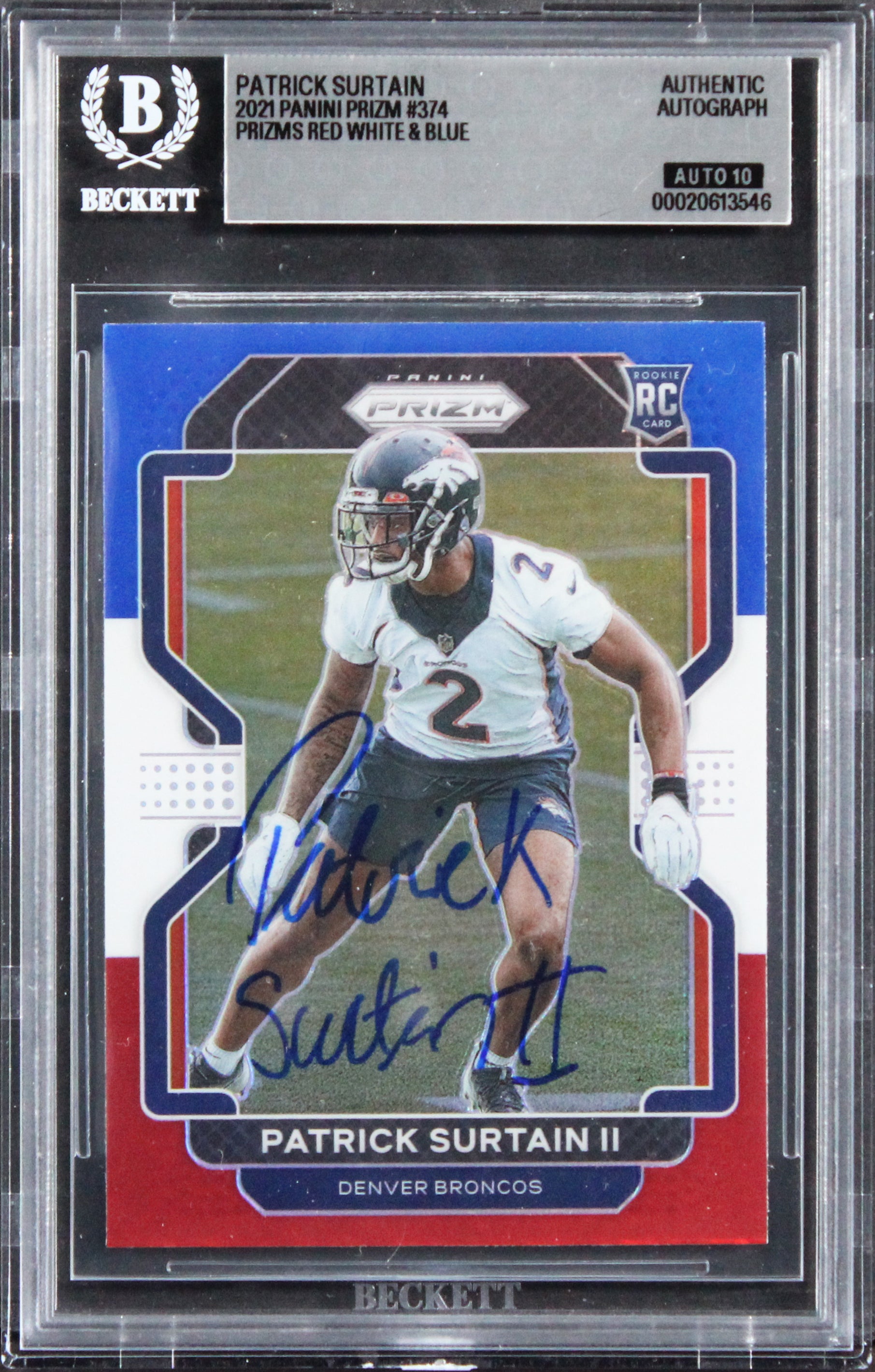 Broncos Patrick Surtain Signed 2021 Panini Prizm RW&B #374 Card Auto 10 BAS Slab
