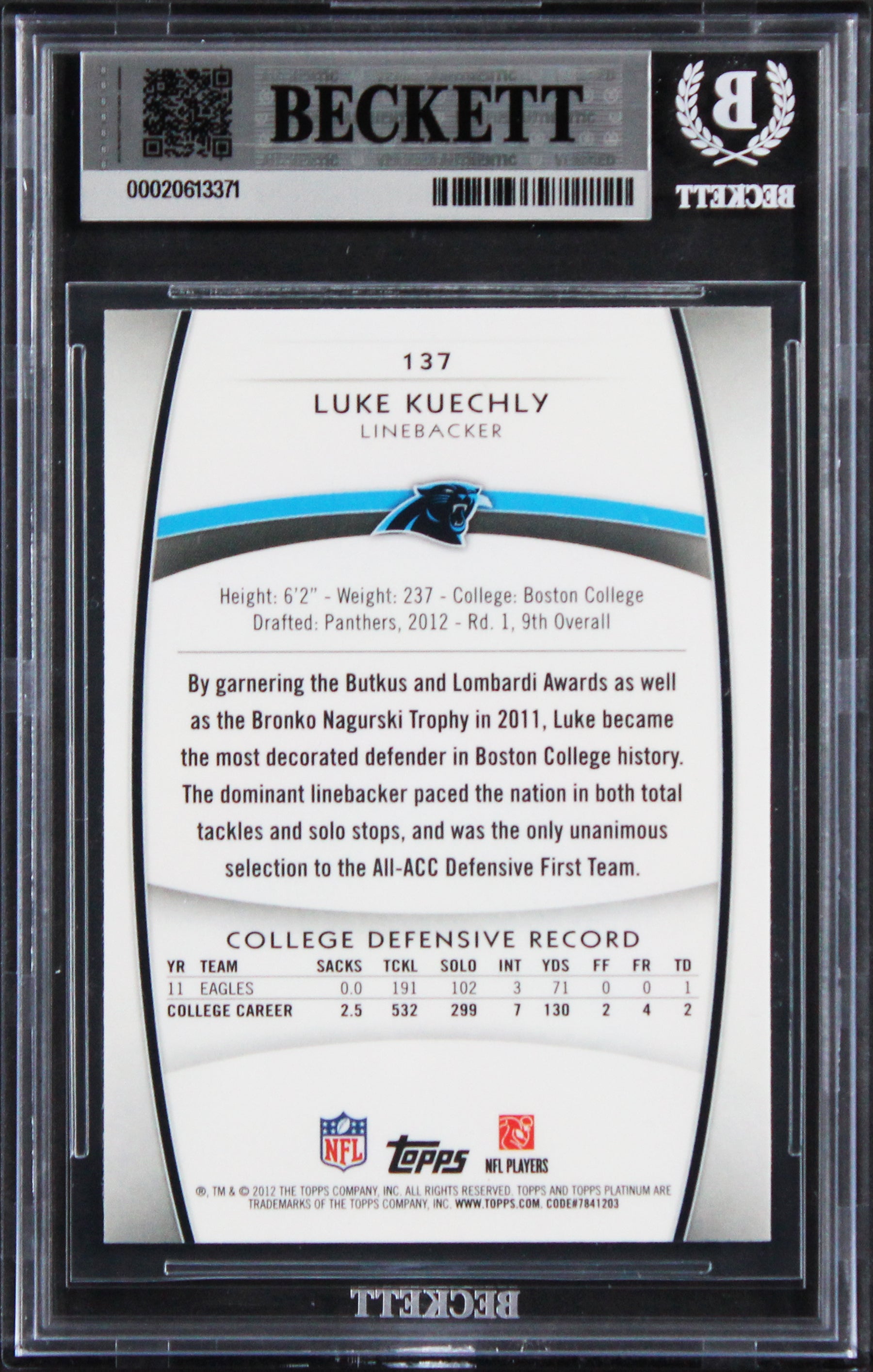 Luke Kuechly Signed 2012 Topps Platinum Xfractors #137 RC Card Auto 10! BAS Slab