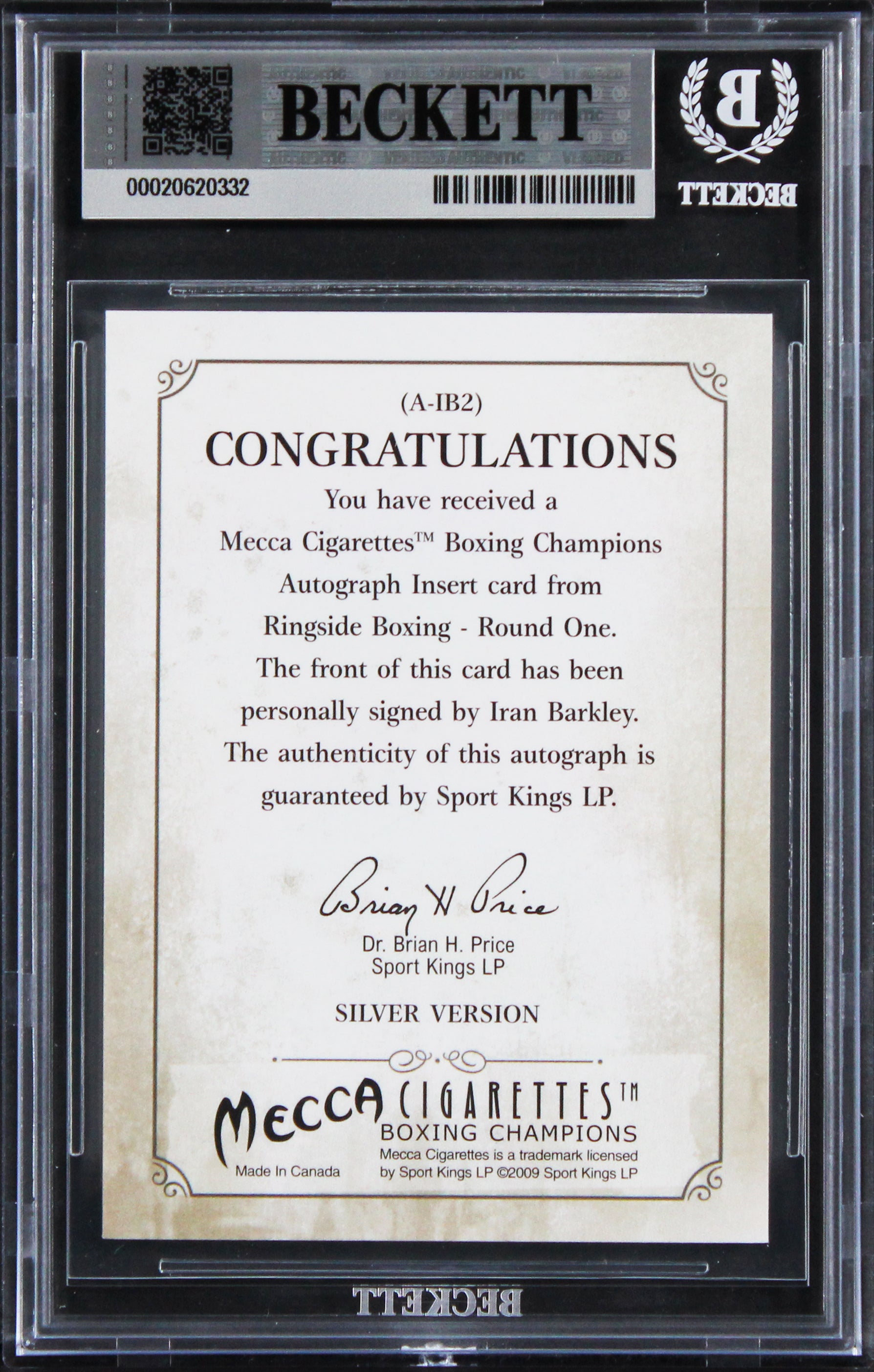 Iran Barkley Signed 2010 Ringside Boxing #AJB2 Card Auto Grade 10! BAS Slabbed