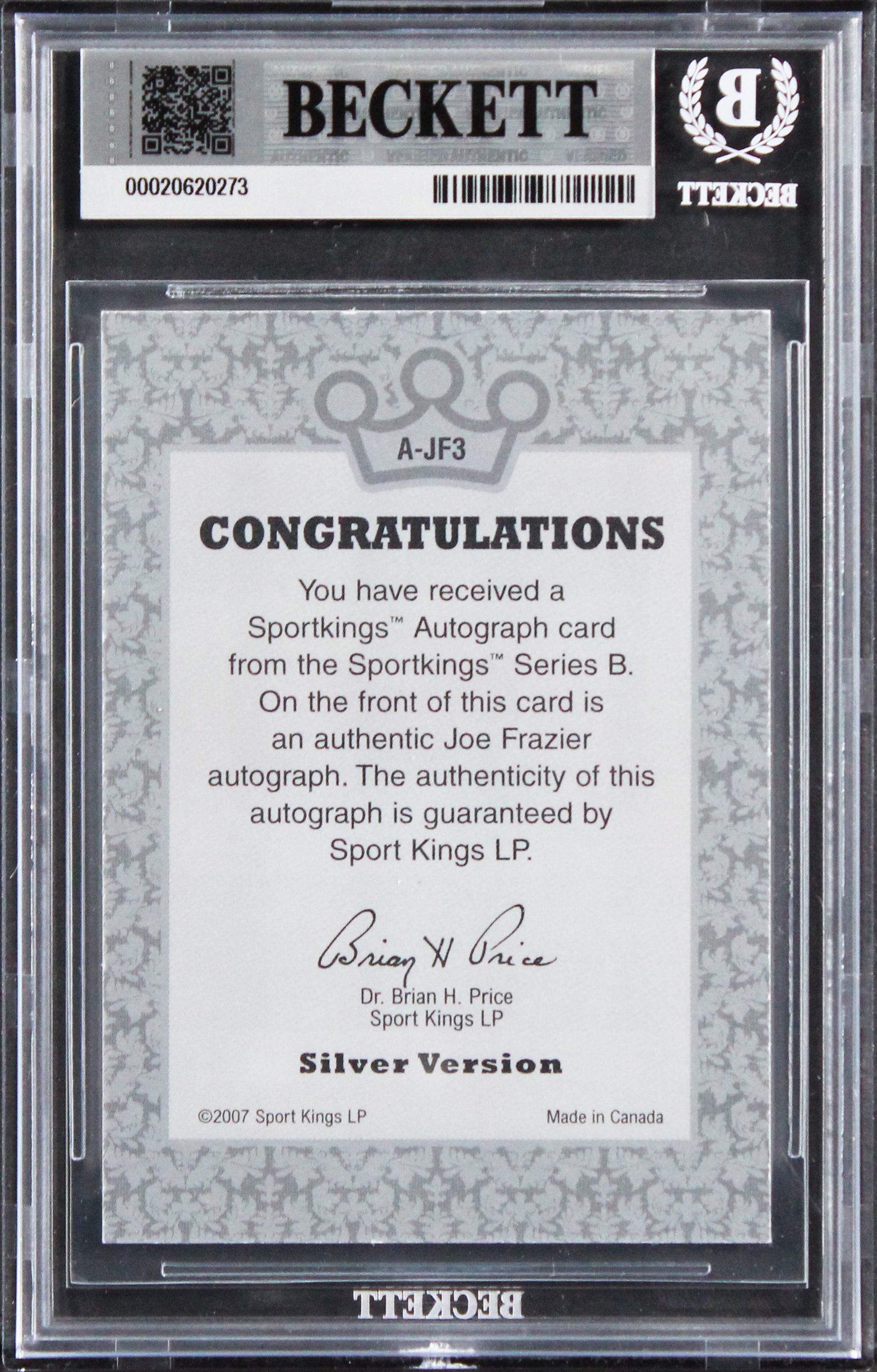 Joe Frazier Signed 2008 Sportkings Silver #JF3 Card Auto Grade 10! BAS Slabbed