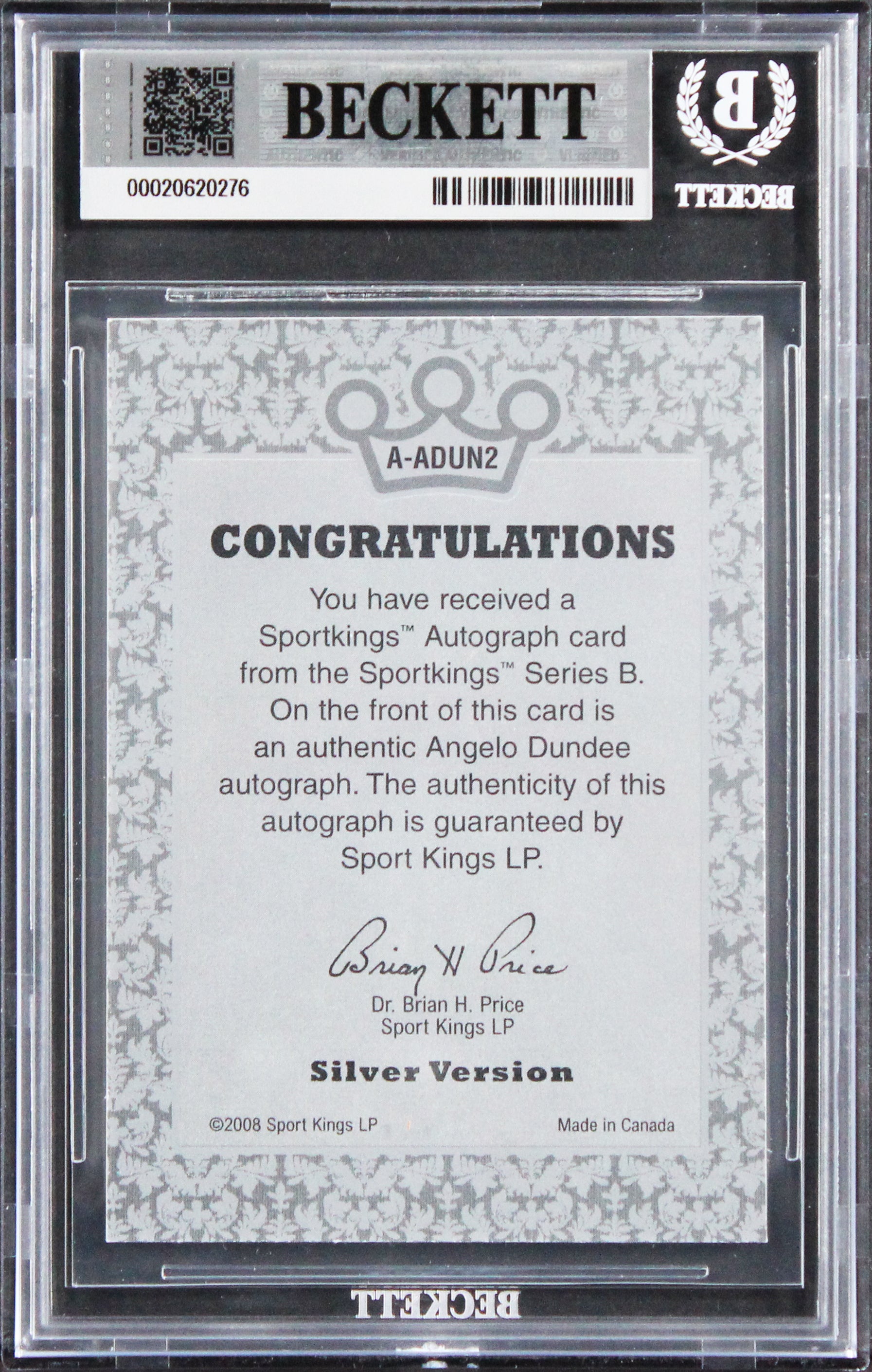 Angelo Dundee Signed 2008 Sportkings Silver #ADUN2 Card Auto GM 10! BAS Slabbed