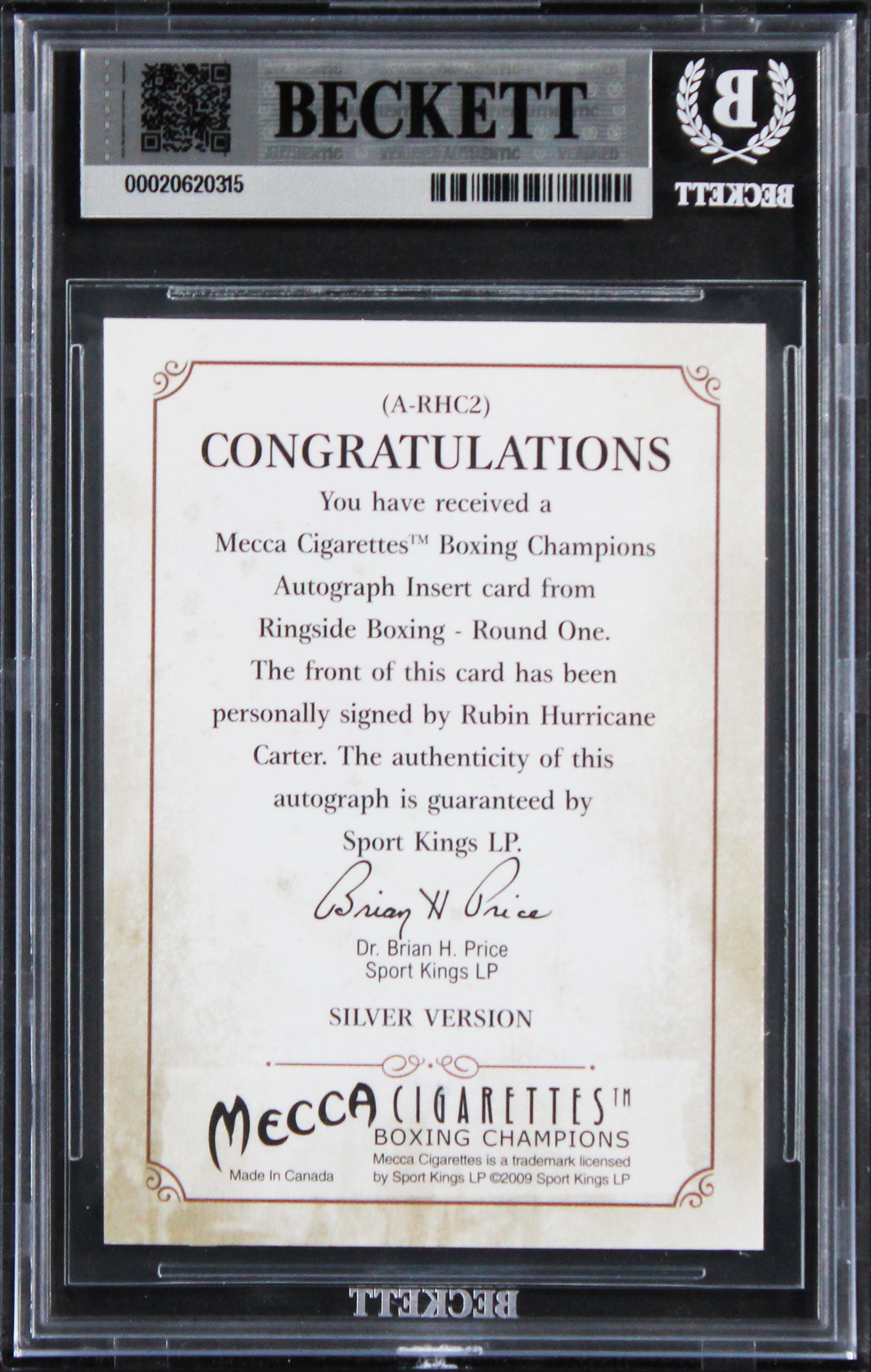 Rubin Carter Signed 2010 Ringside Boxing #ARHC2 Card Auto Grade 10! BAS Slabbed