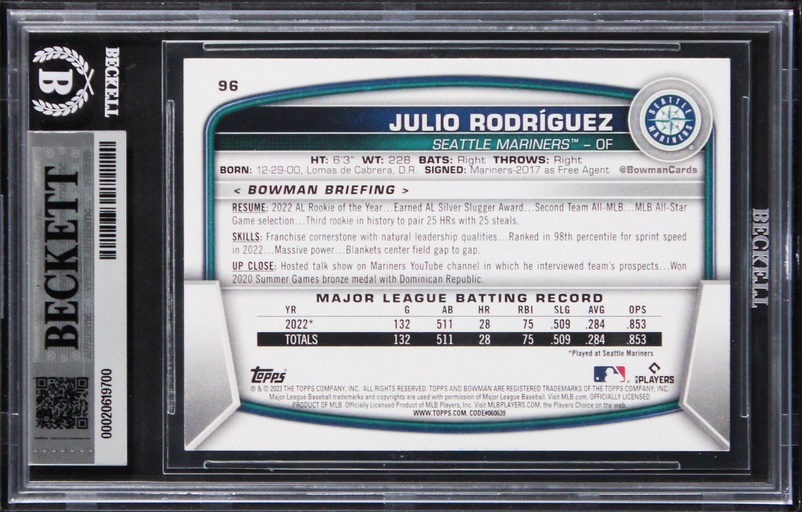 Mariners Julio Rodriguez Signed 2026 Bowman #96 Card Auto Grade 10! BAS Slabbed