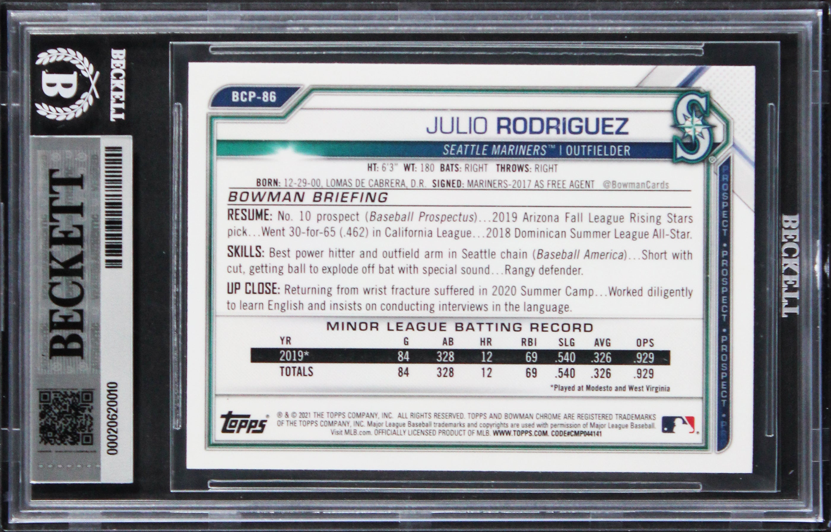 Mariners Julio Rodriguez Signed 2021 Bowman Chrome #BCP86 Card Auto 10! BAS Slab