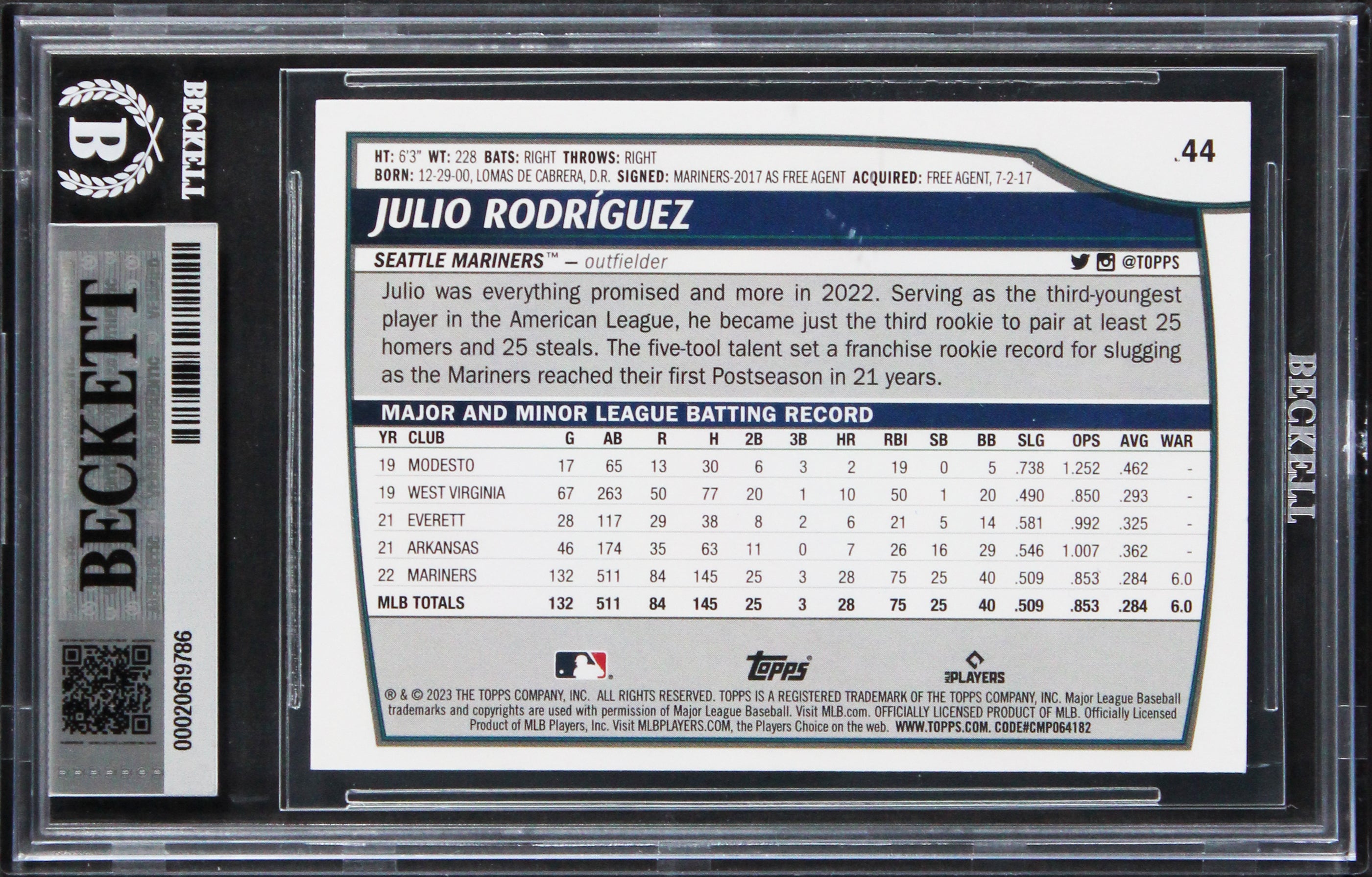 Mariners Julio Rodriguez Signed 2023 Topps Big League #44 Card Auto 10! BAS Slab