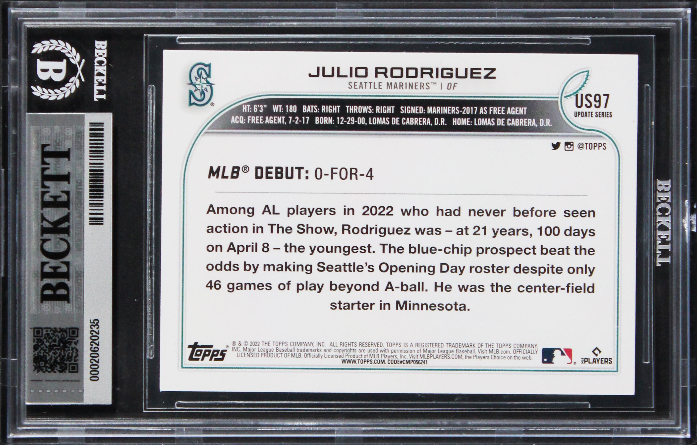 Mariners Julio Rodriguez Signed 2022 Topps Update #US97 Card Auto 10! BAS Slab