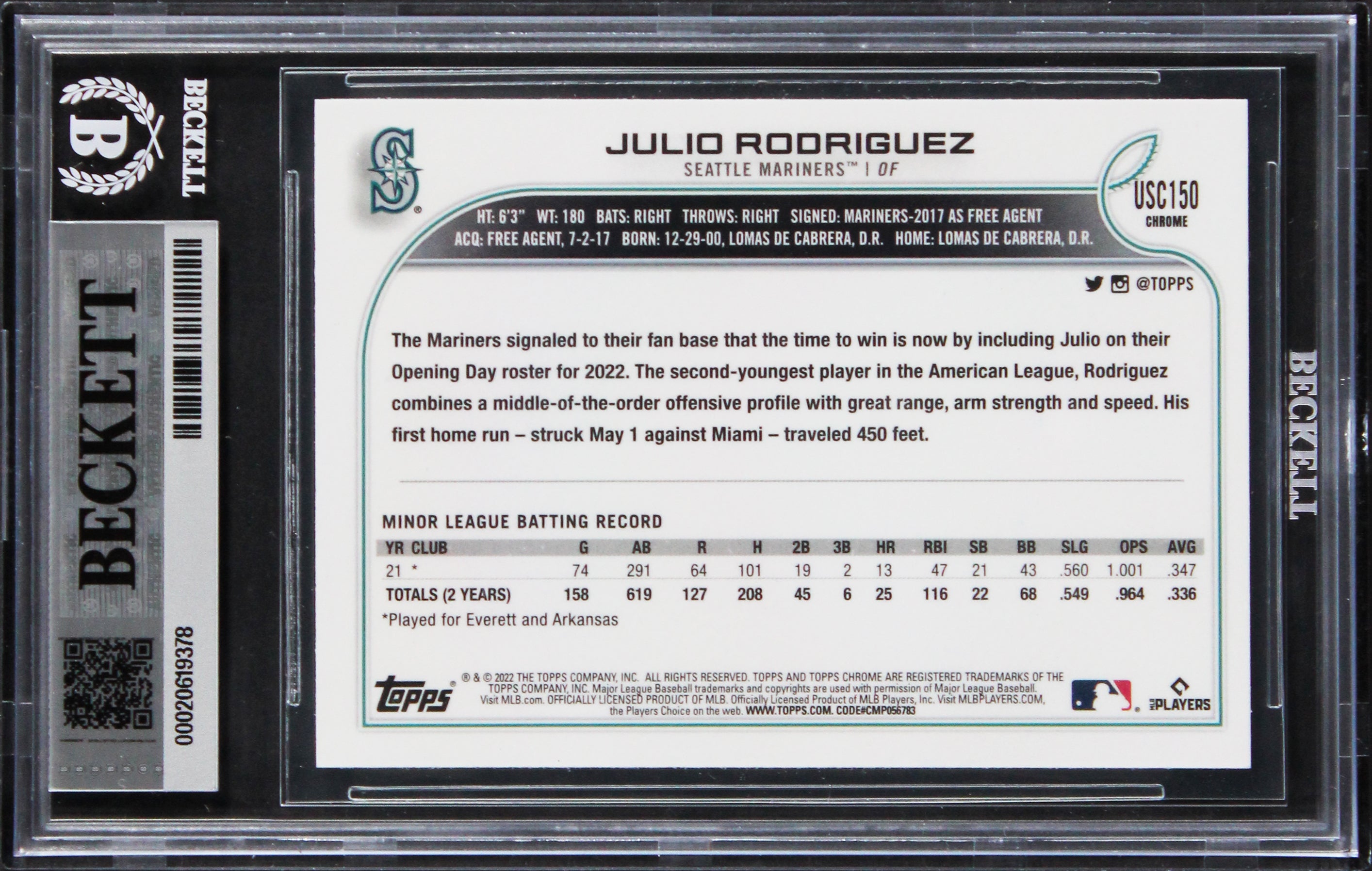 Mariners Julio Rodriguez Signed 2022 Topps #USC150 RC Card Auto 10! BAS Slabbed