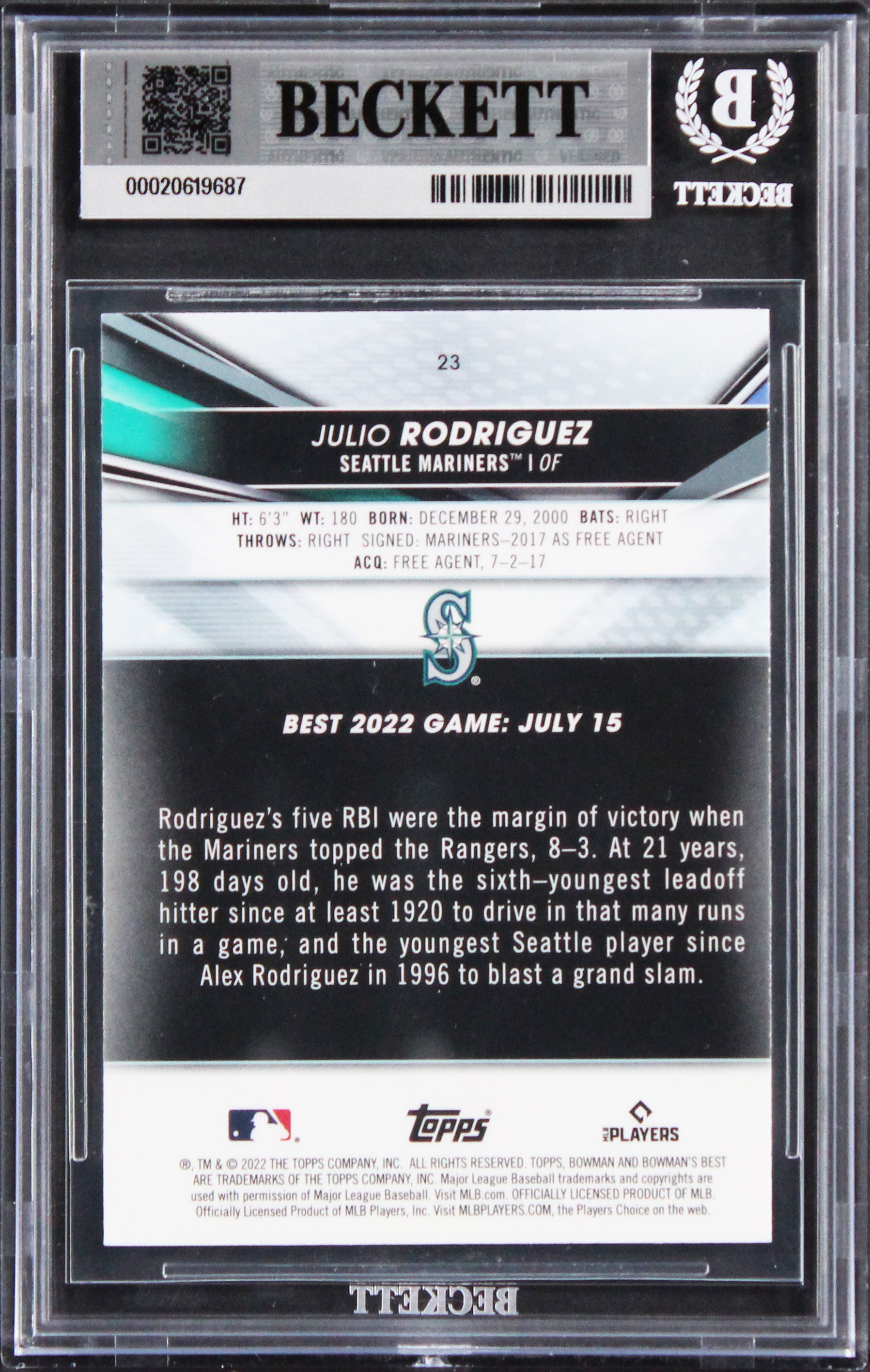 Mariners Julio Rodriguez Signed 2022 Bowman's Best #23 RC Card Auto 10! BAS Slab
