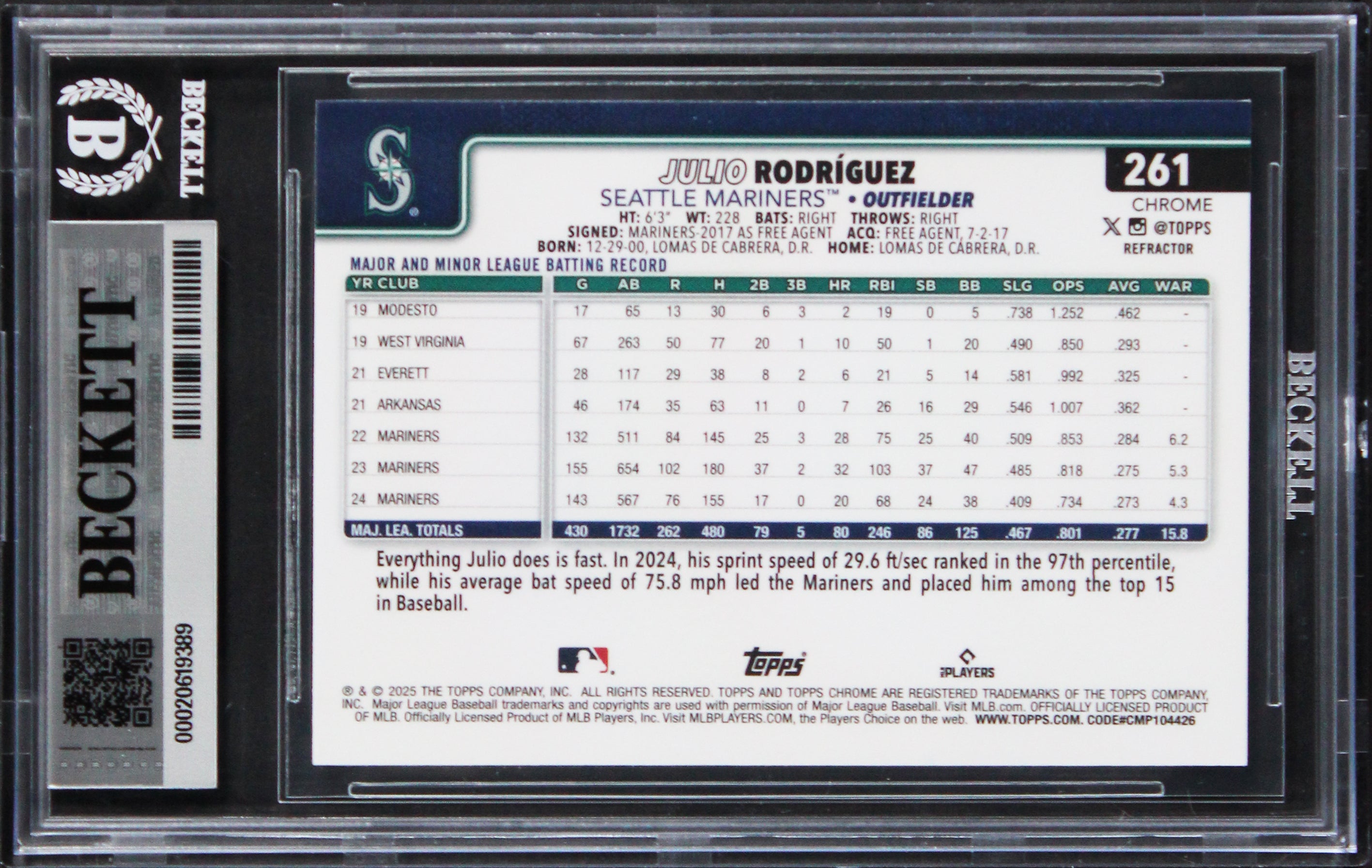 Mariners Julio Rodriguez Signed 2025 Topps Chrome #261 Card Auto 10! BAS Slabbed
