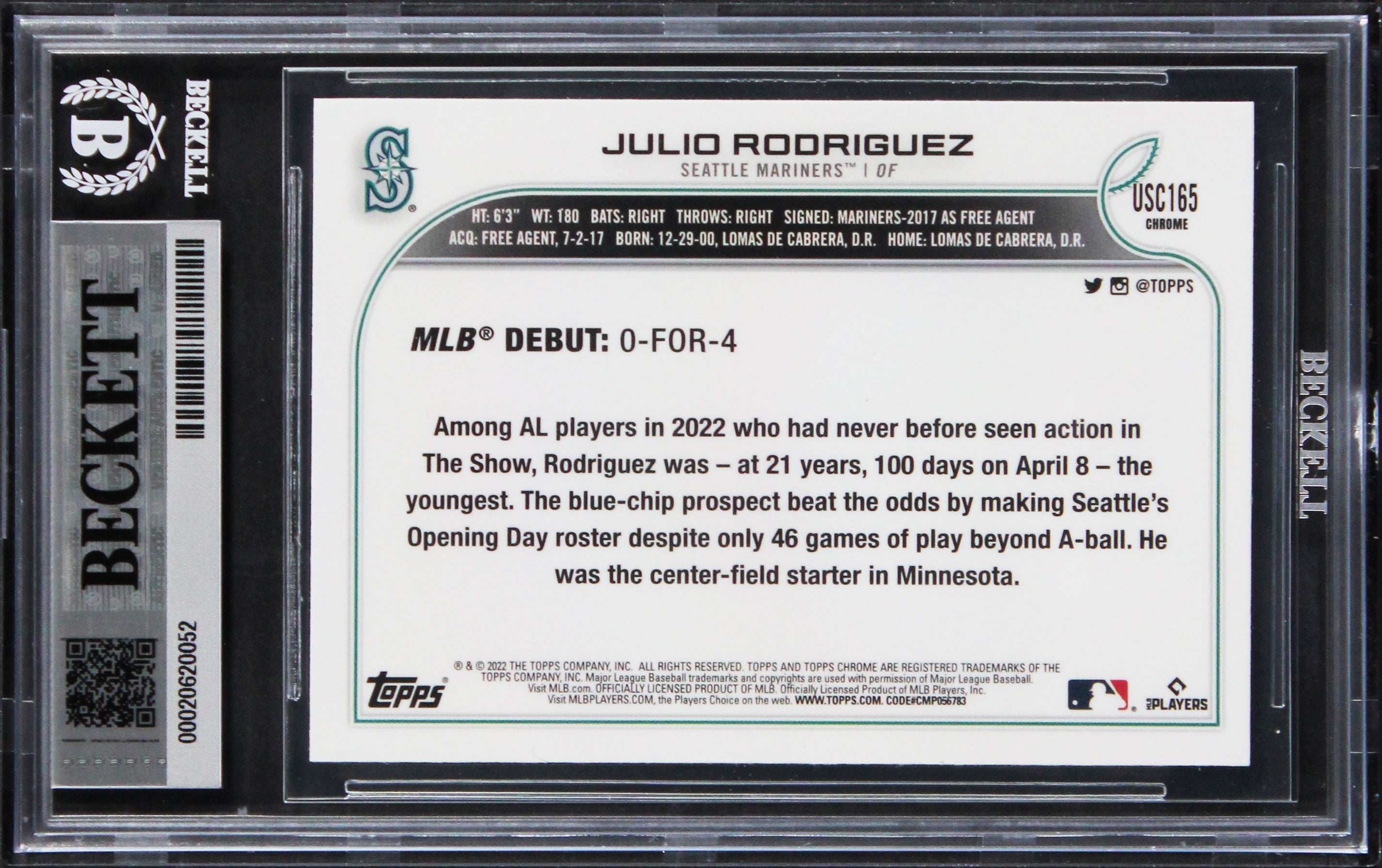 Mariners Julio Rodriguez Signed 2022 Topps #USC165 RC Card Auto 10! BAS Slabbed