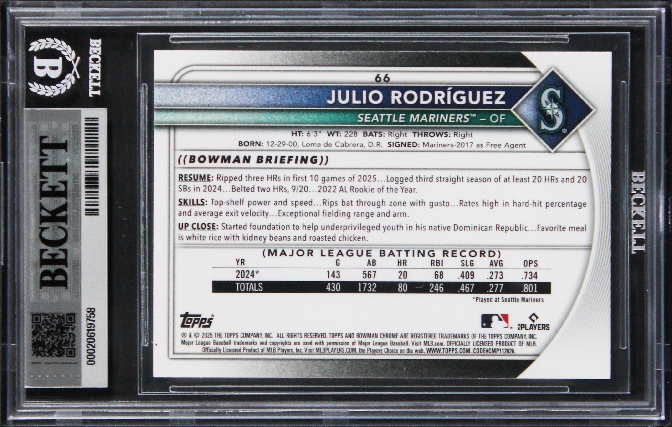 Mariners Julio Rodriguez Signed 2025 Bowman Chrome #66 Card Auto 10! BAS Slabbed