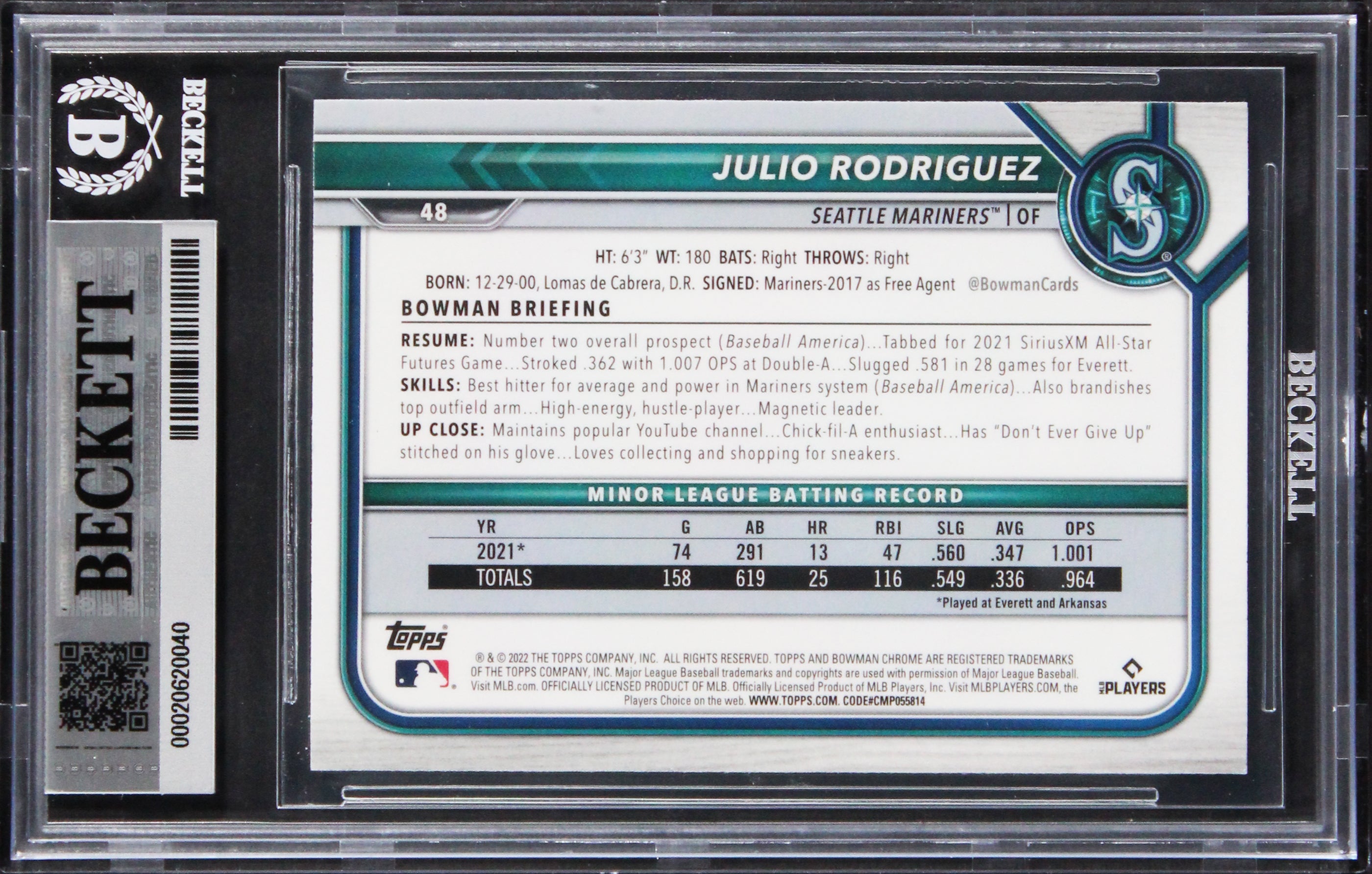 Mariners Julio Rodriguez Signed 2022 Bowman Chrome #48 RC Card Auto 10! BAS Slab