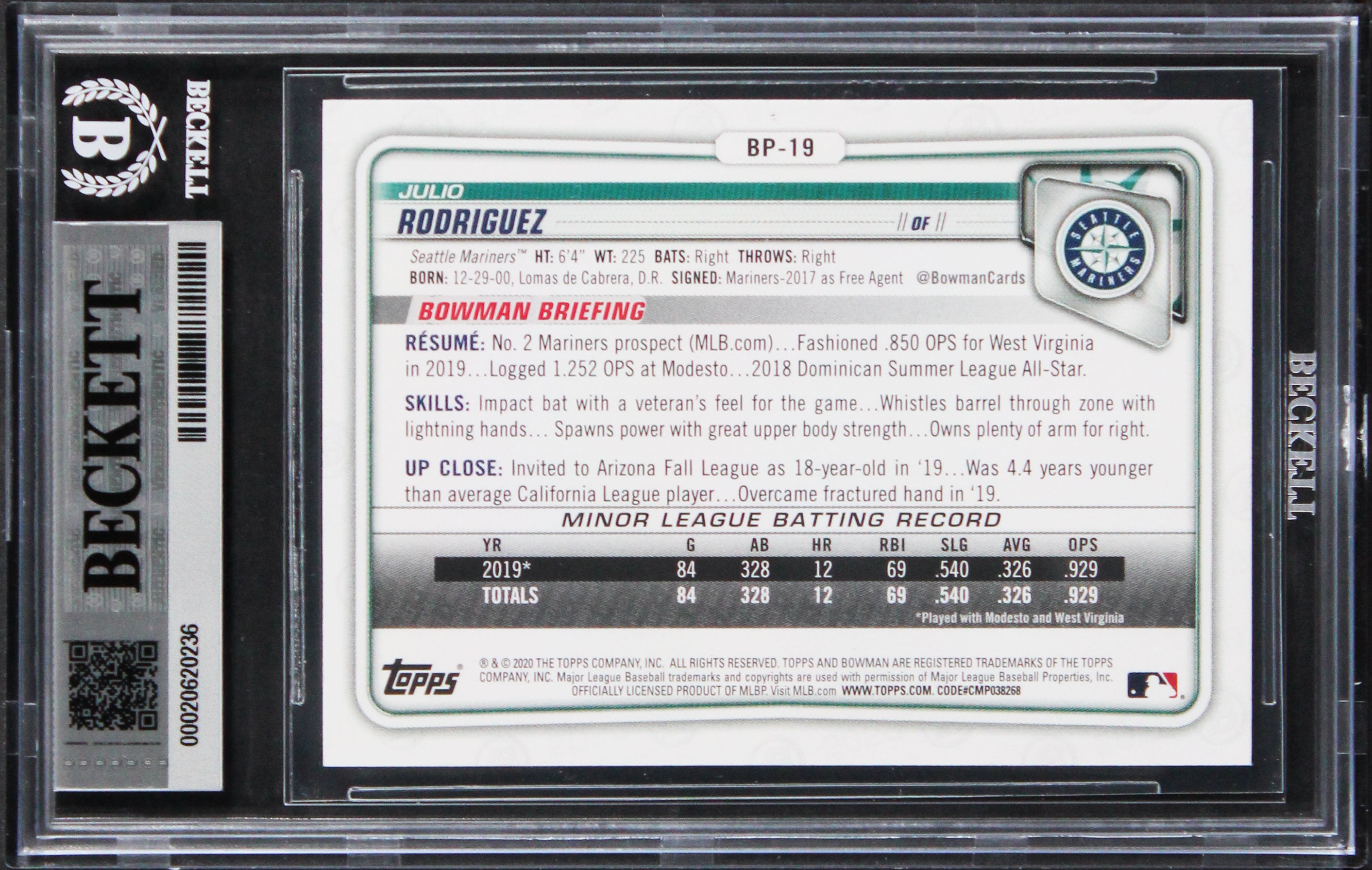 Mariners Julio Rodriguez Signed 2020 Bowman #BP19 Card Auto GM 10! BAS Slabbed
